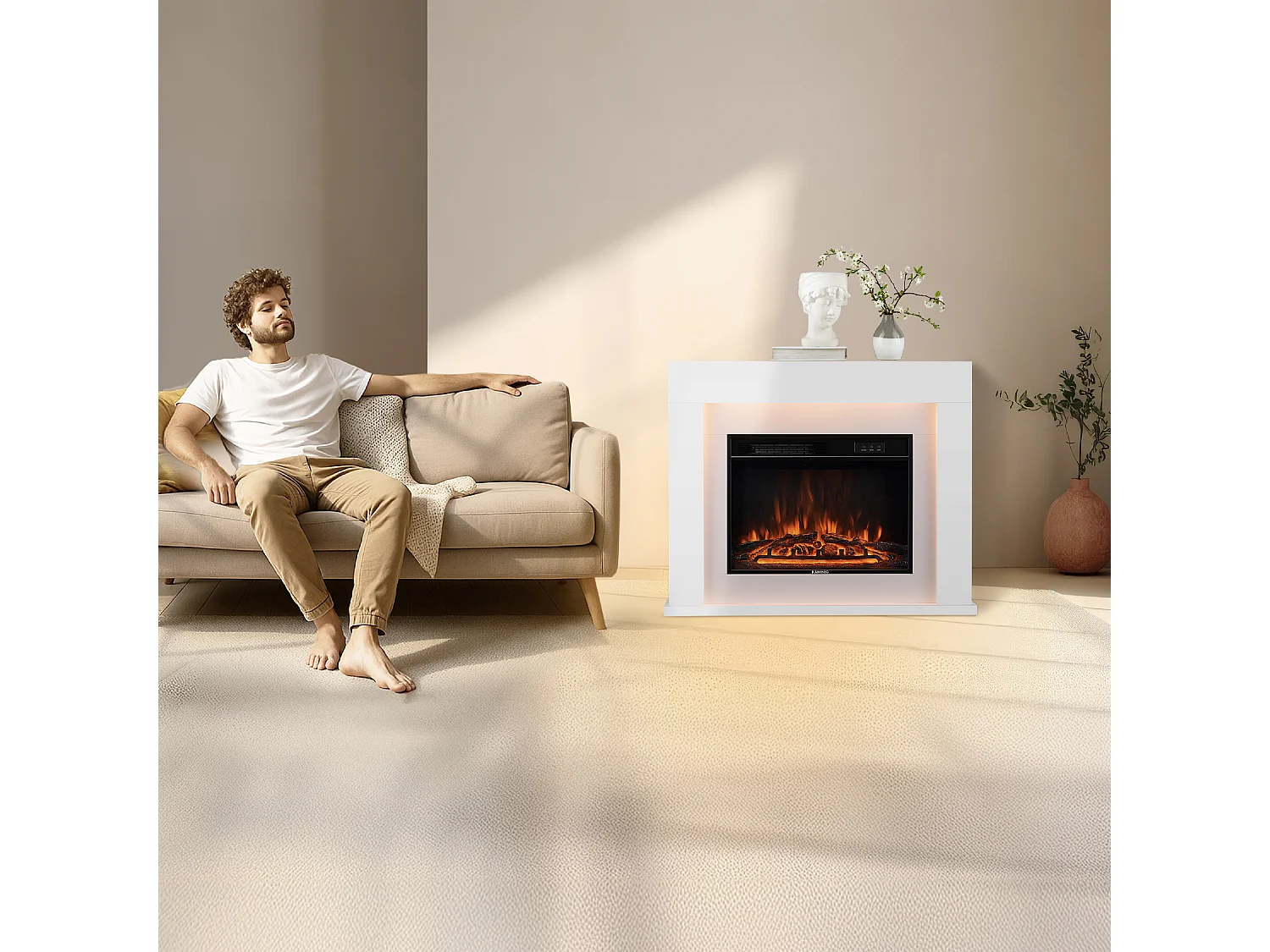 KAMINIO Elektrische haard MATTI – Elektrische staande haard met verwarmingsfunctie, 3D-vlammeffect, sfeerverlichting, afstandsbediening – 38 inch, Wit