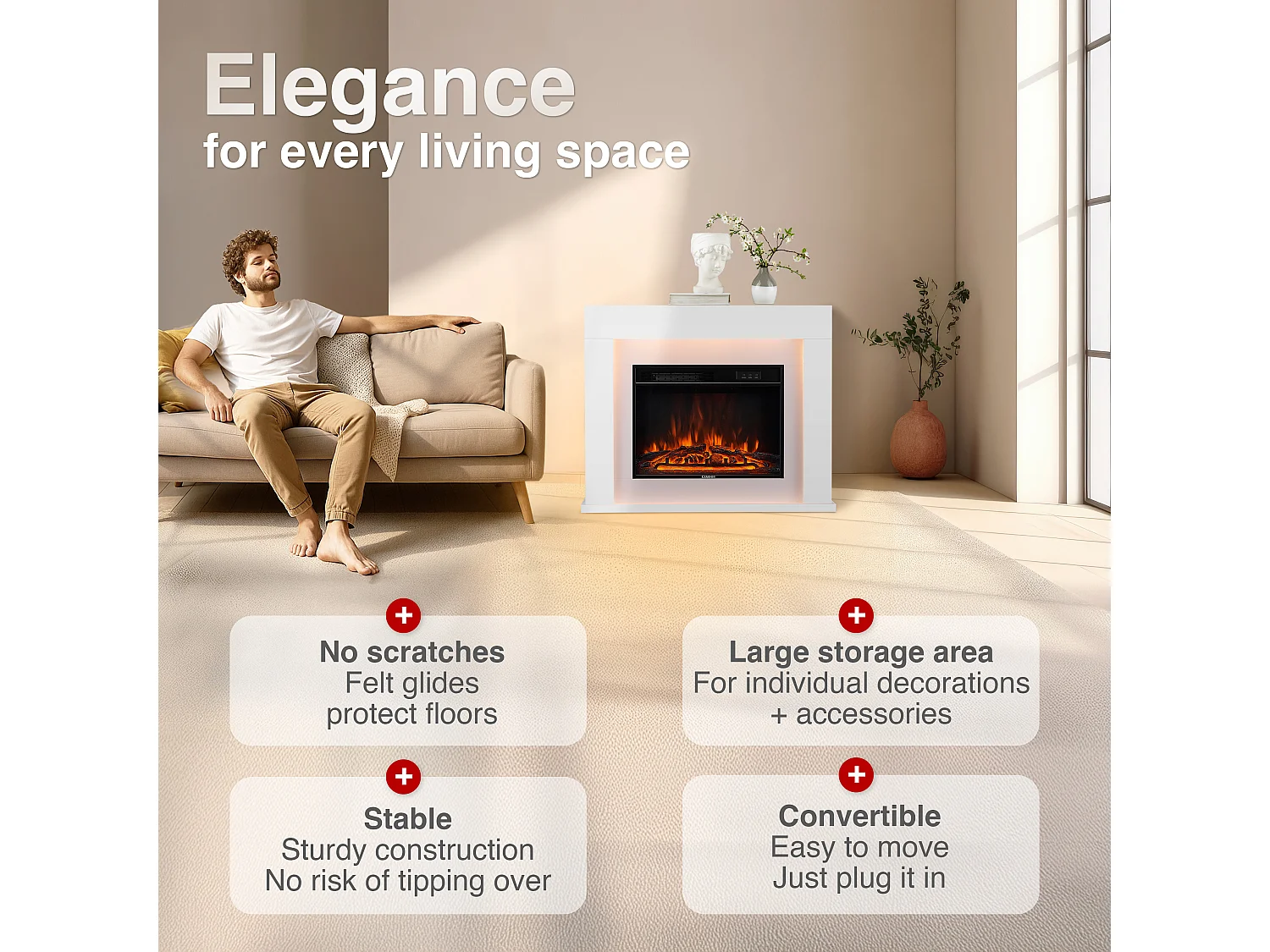 KAMINIO Elektrische haard MATTI – Elektrische staande haard met verwarmingsfunctie, 3D-vlammeffect, sfeerverlichting, afstandsbediening – 38 inch, Wit
