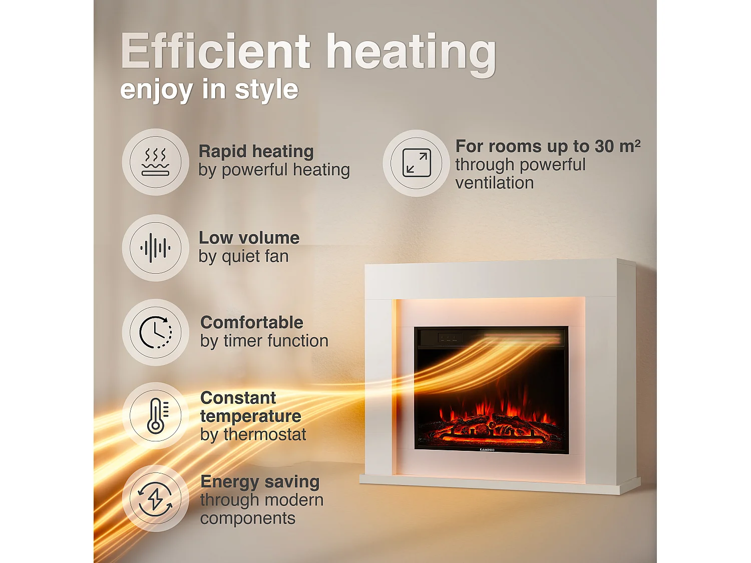 KAMINIO Elektrische haard MATTI – Elektrische staande haard met verwarmingsfunctie, 3D-vlammeffect, sfeerverlichting, afstandsbediening – 38 inch, Wit