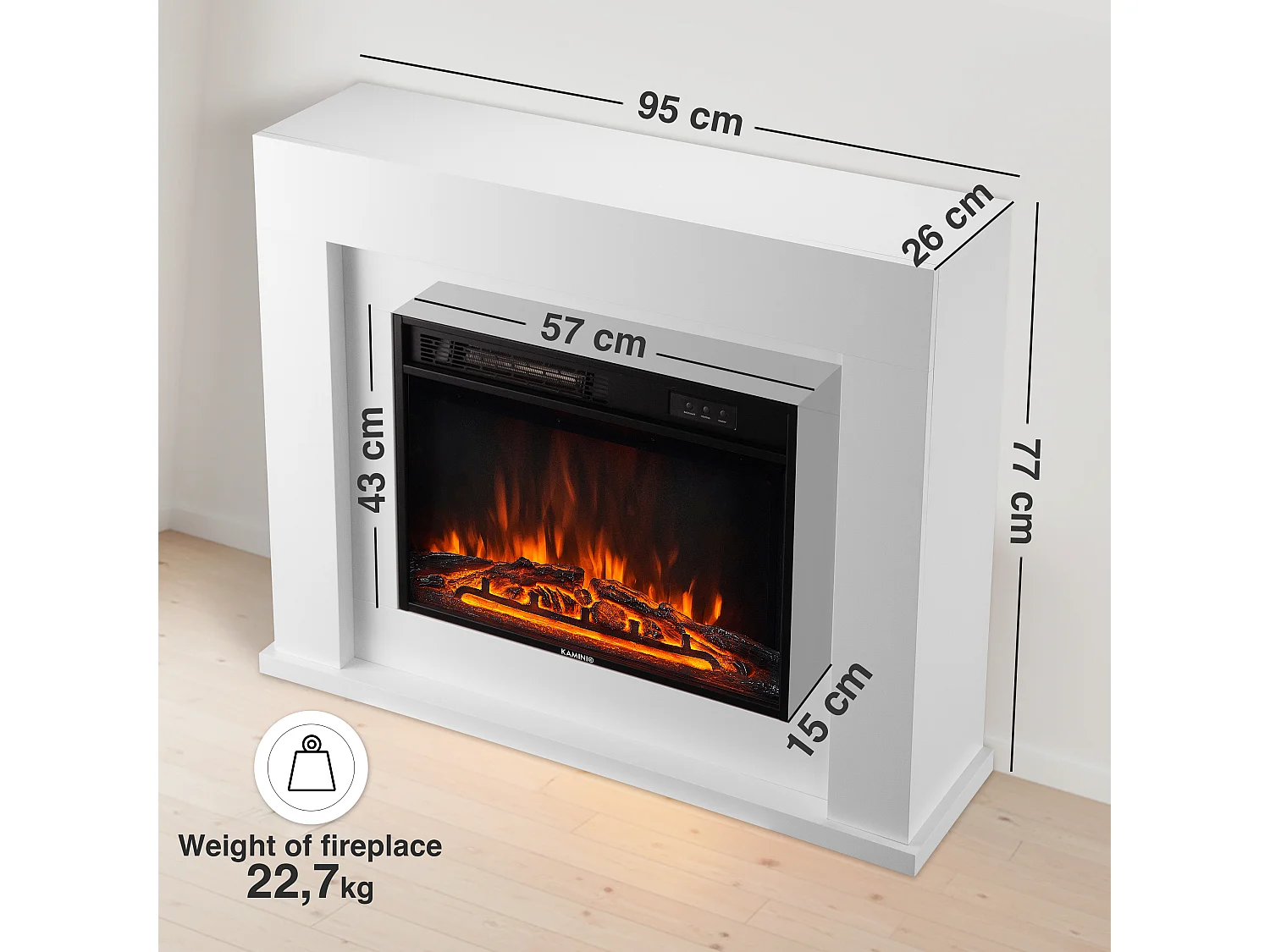 KAMINIO Elektrische haard MATTI – Elektrische staande haard met verwarmingsfunctie, 3D-vlammeffect, sfeerverlichting, afstandsbediening – 38 inch, Wit