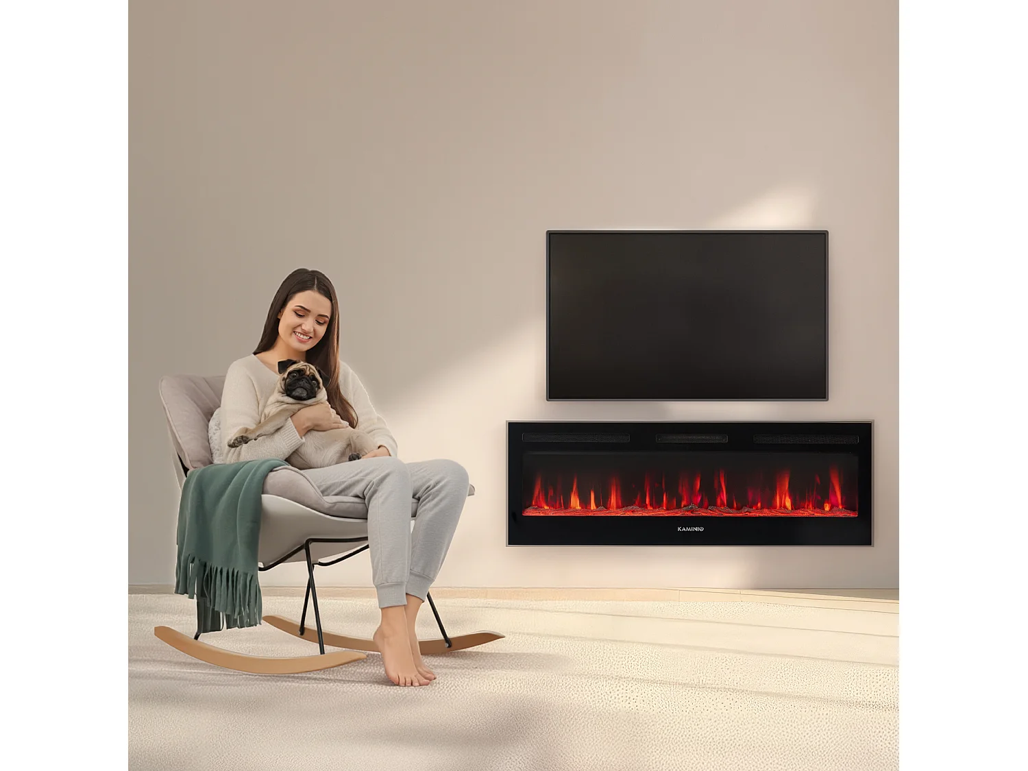 KAMINIO Chimenea eléctrica MARLON - Chimenea eléctrica 3 en 1 con calentador, efecto de llama 3D, 12 colores de llama, control remoto - 60 pulgadas
