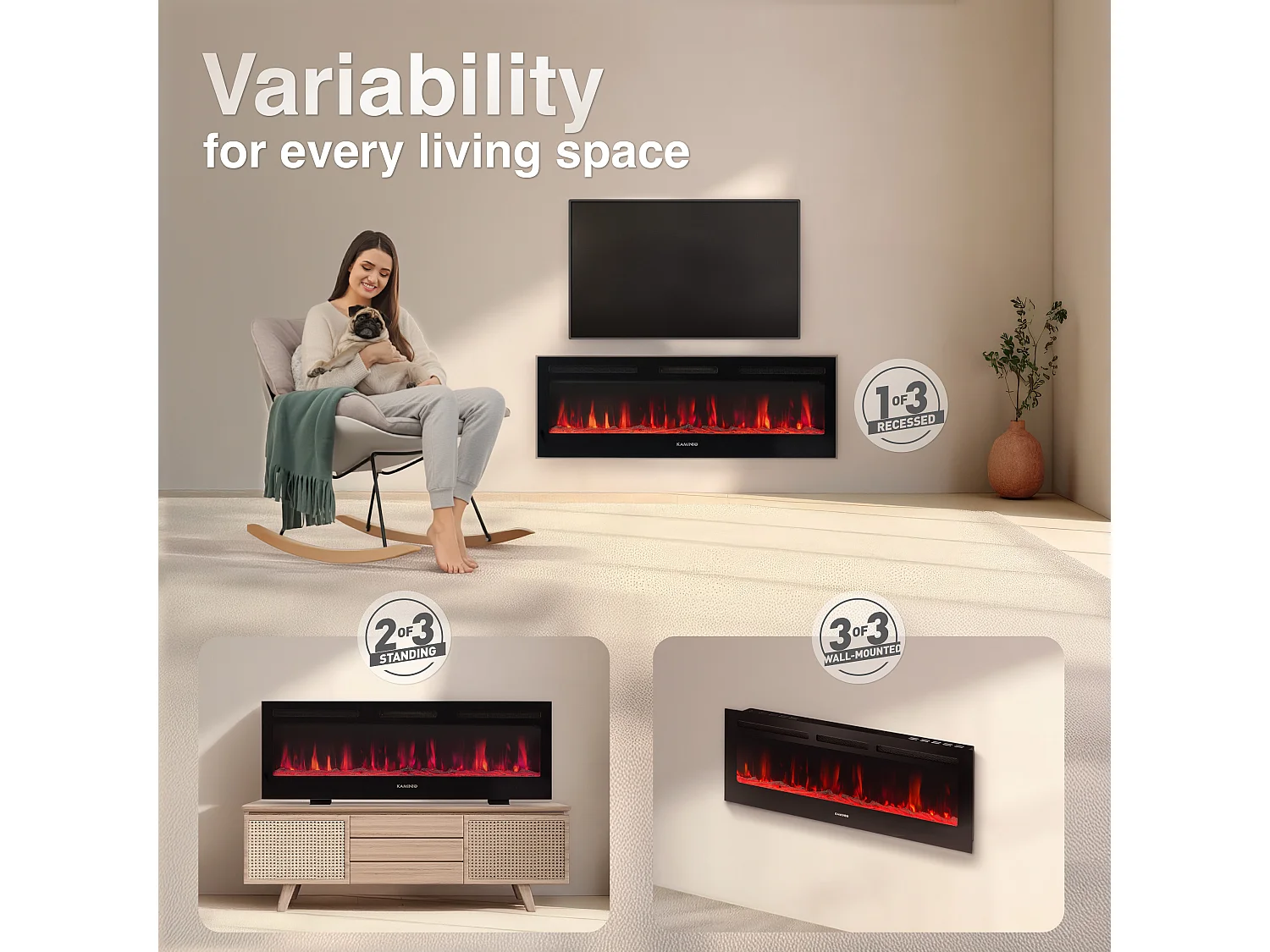 KAMINIO Chimenea eléctrica MARLON - Chimenea eléctrica 3 en 1 con calentador, efecto de llama 3D, 12 colores de llama, control remoto - 60 pulgadas