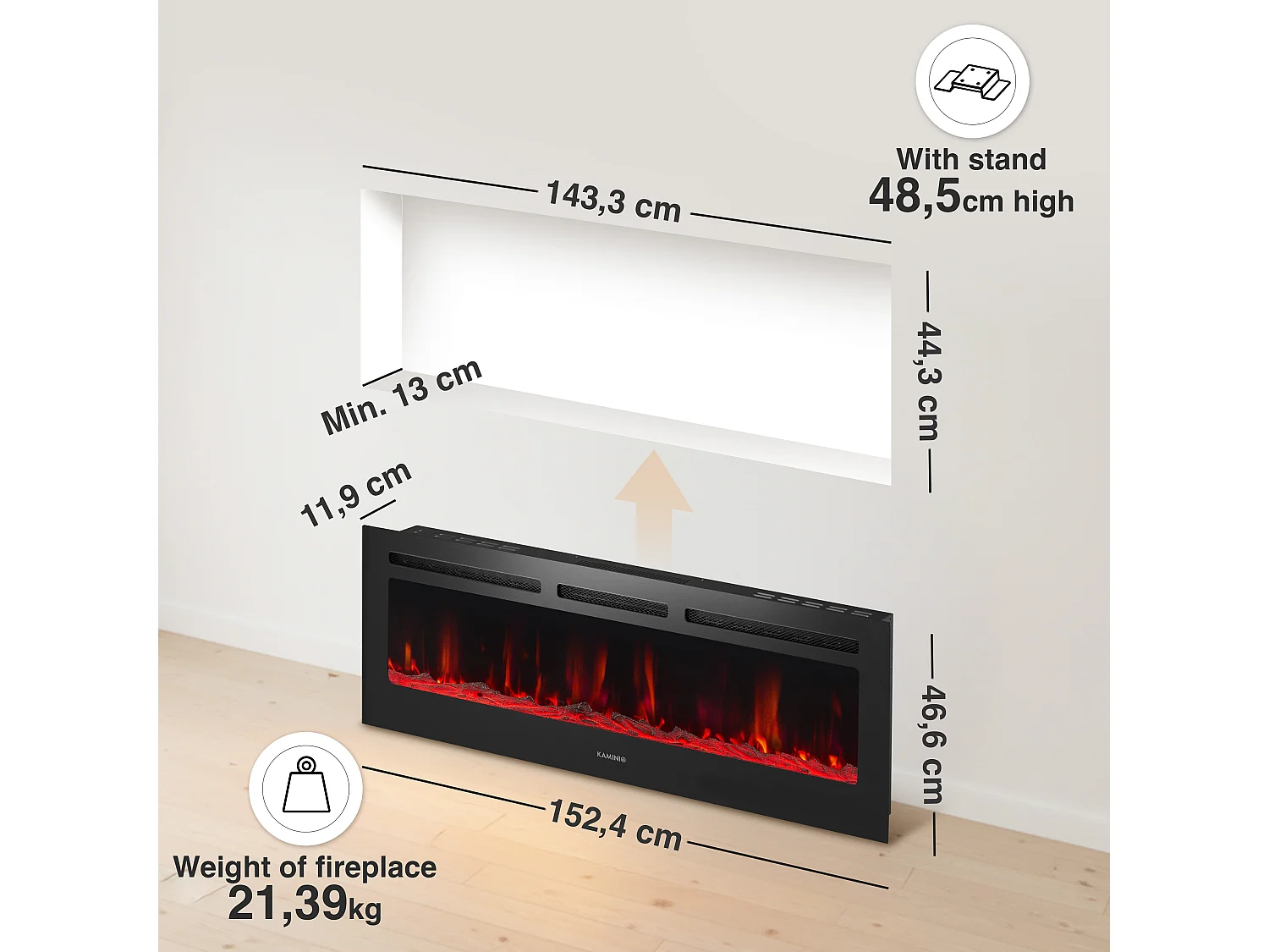 KAMINIO Chimenea eléctrica MARLON - Chimenea eléctrica 3 en 1 con calentador, efecto de llama 3D, 12 colores de llama, control remoto - 60 pulgadas