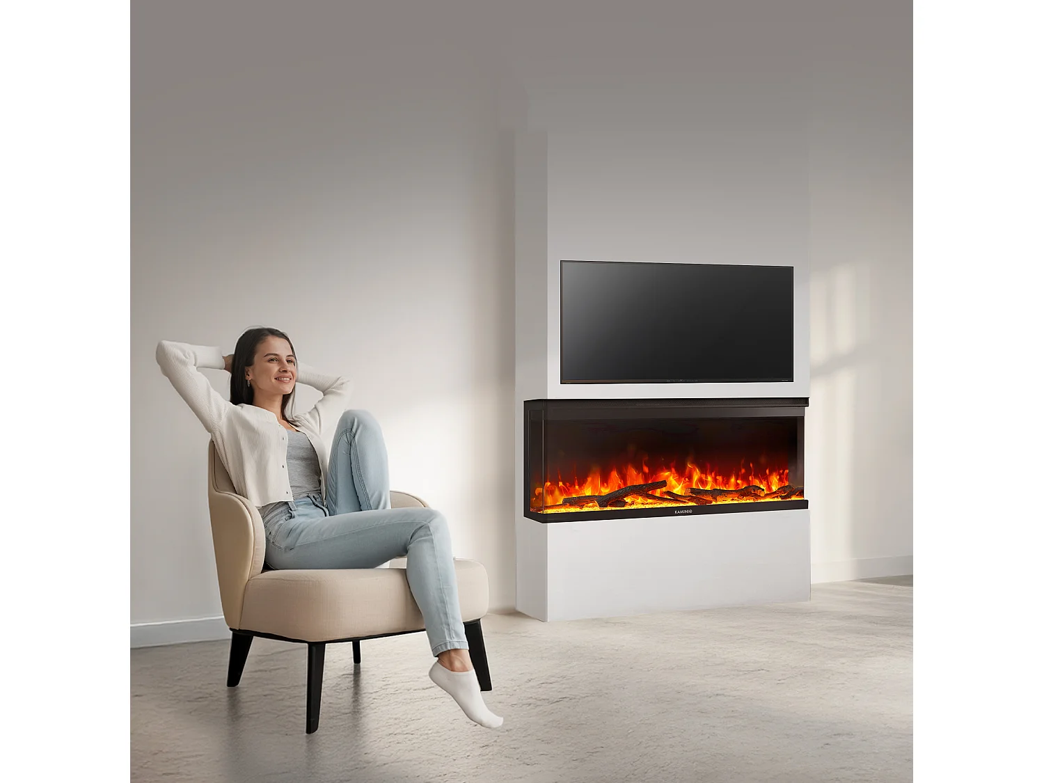 KAMINIO Cheminée électrique LEA - Cheminée 3-en-1 avec vue panoramique, chauffage, effet de flamme, 12 couleurs de flammes, télécommande - 42 pouces