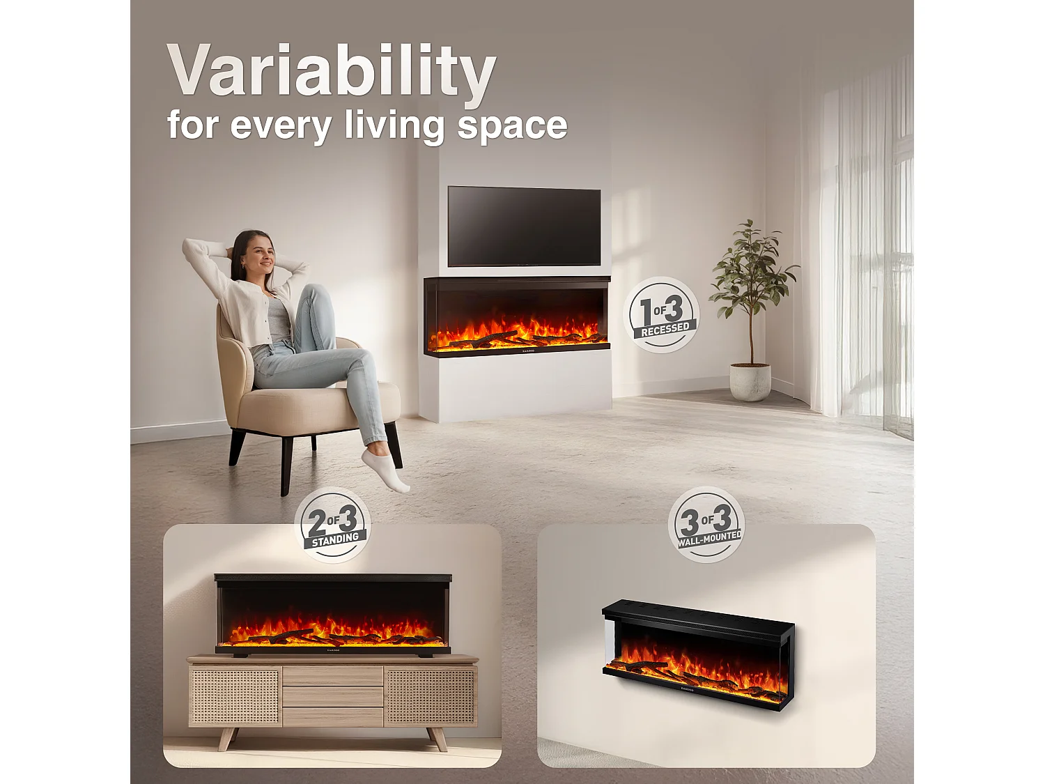 KAMINIO Cheminée électrique LEA - Cheminée 3-en-1 avec vue panoramique, chauffage, effet de flamme, 12 couleurs de flammes, télécommande - 42 pouces