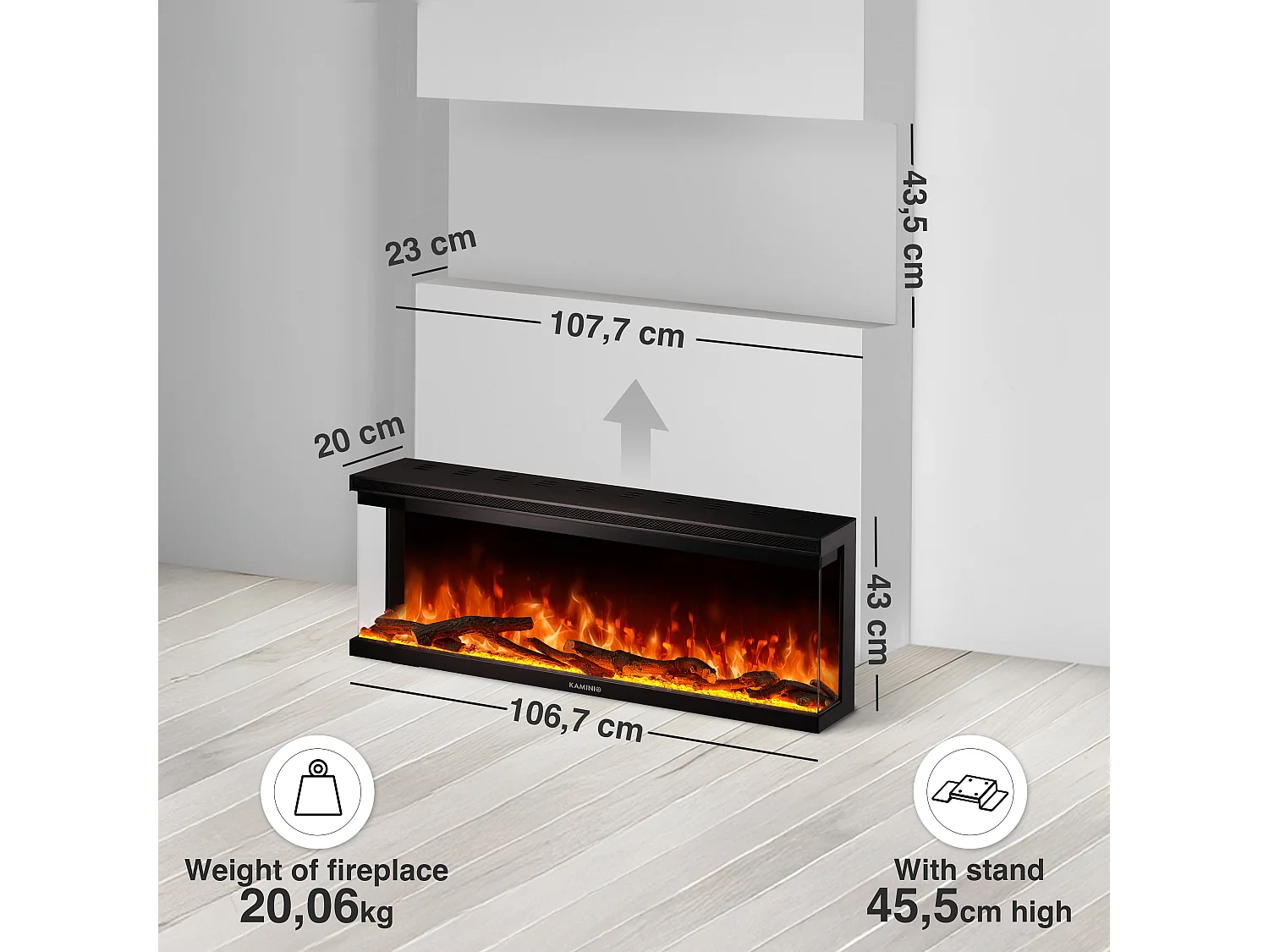 KAMINIO Cheminée électrique LEA - Cheminée 3-en-1 avec vue panoramique, chauffage, effet de flamme, 12 couleurs de flammes, télécommande - 42 pouces