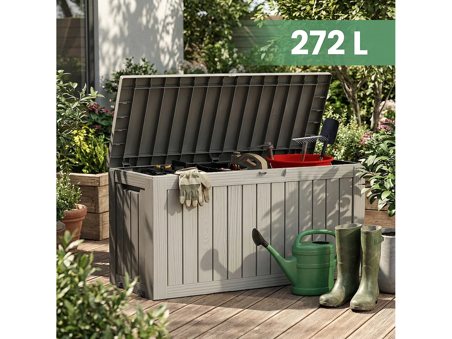 Baule da giardino impermeabile 272L contenitore esterno balcone terrazzo in plastica polipropilene grigio