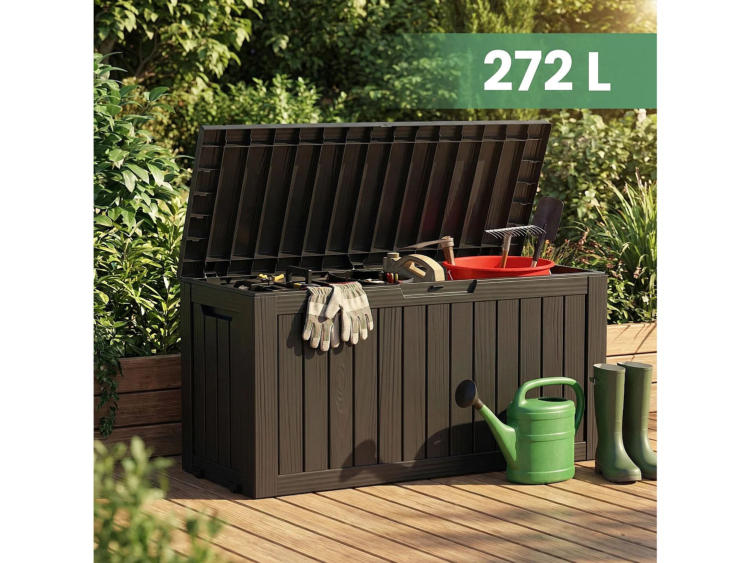 Baule da giardino impermeabile 272L contenitore esterno balcone terrazzo in plastica polipropilene nero