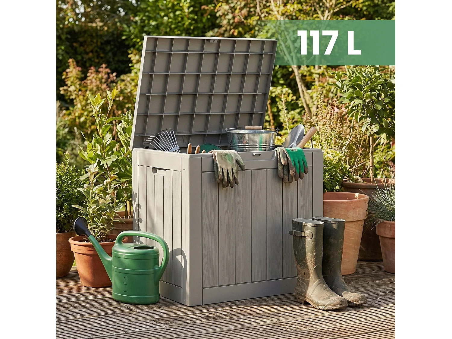 Coffre de jardin impermeable 117L boîte de rangement extérieur balcon terrasse plastique polypropylène gris