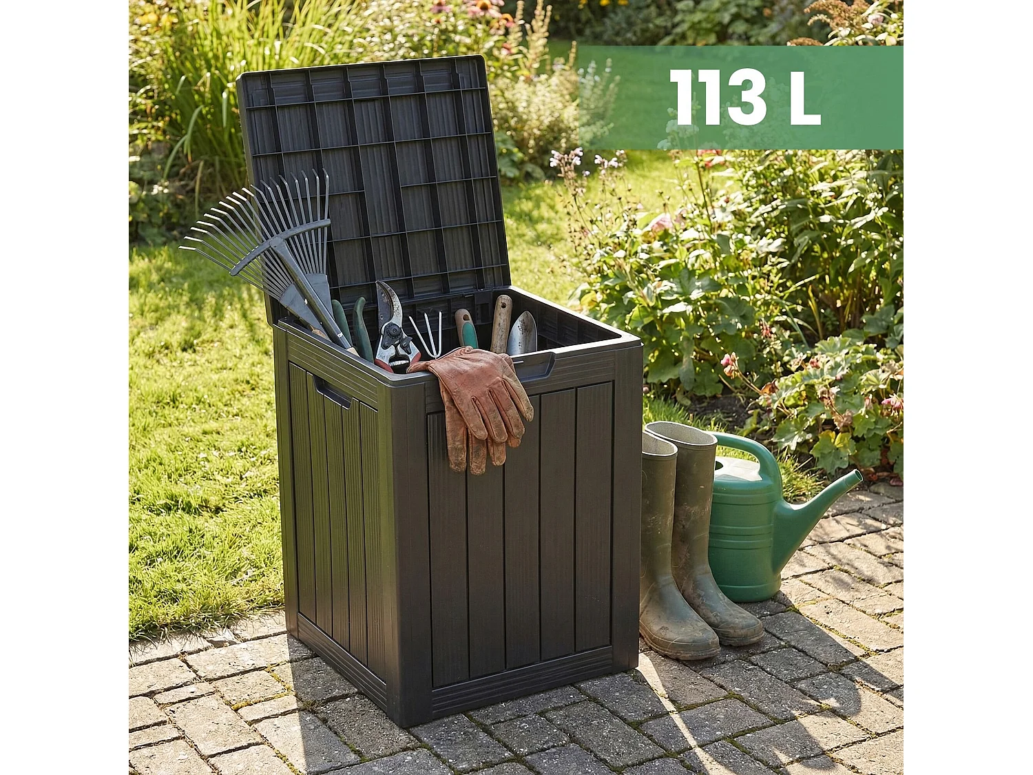 Baule da giardino impermeabile 113L contenitore esterno balcone terrazzo in plastica polipropilene nero