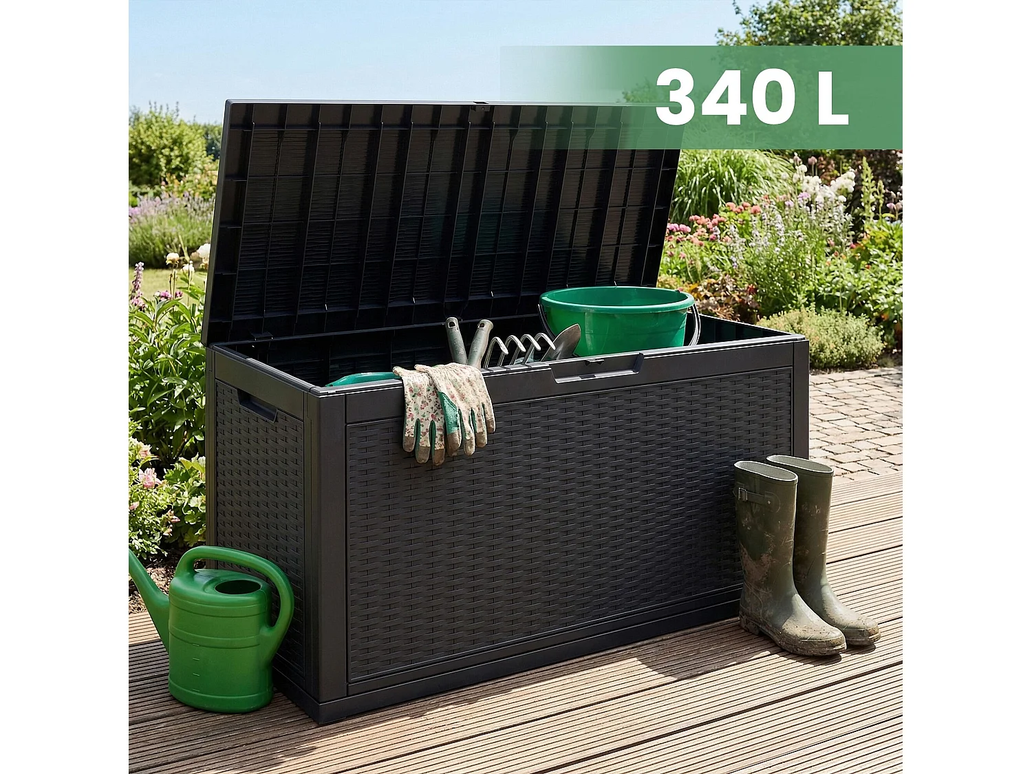 Baule da giardino impermeabile 340L contenitore esterno balcone terrazzo in plastica polipropilene nero