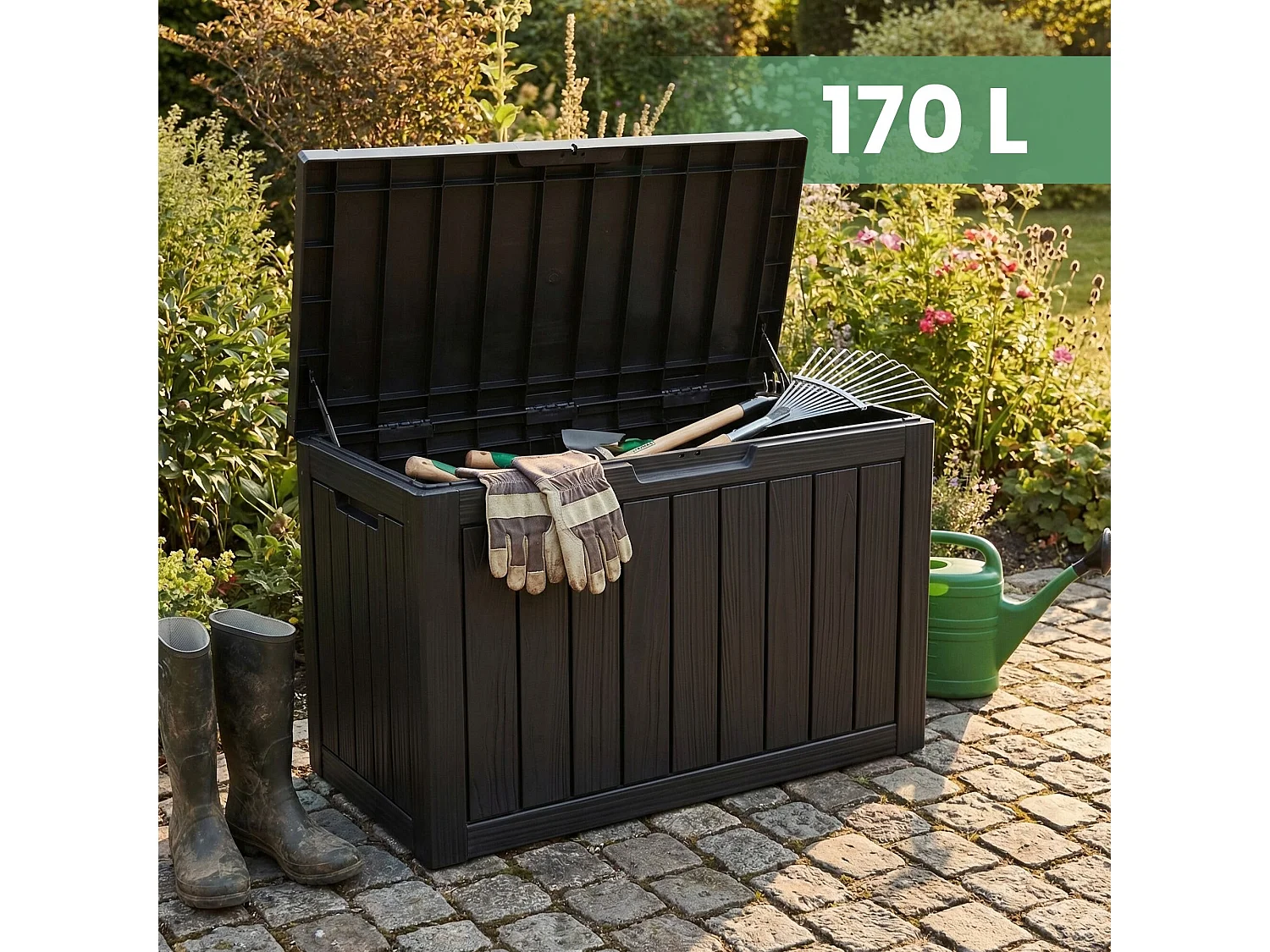 Baule da giardino impermeabile 170L contenitore esterno balcone terrazzo in plastica polipropilene nero