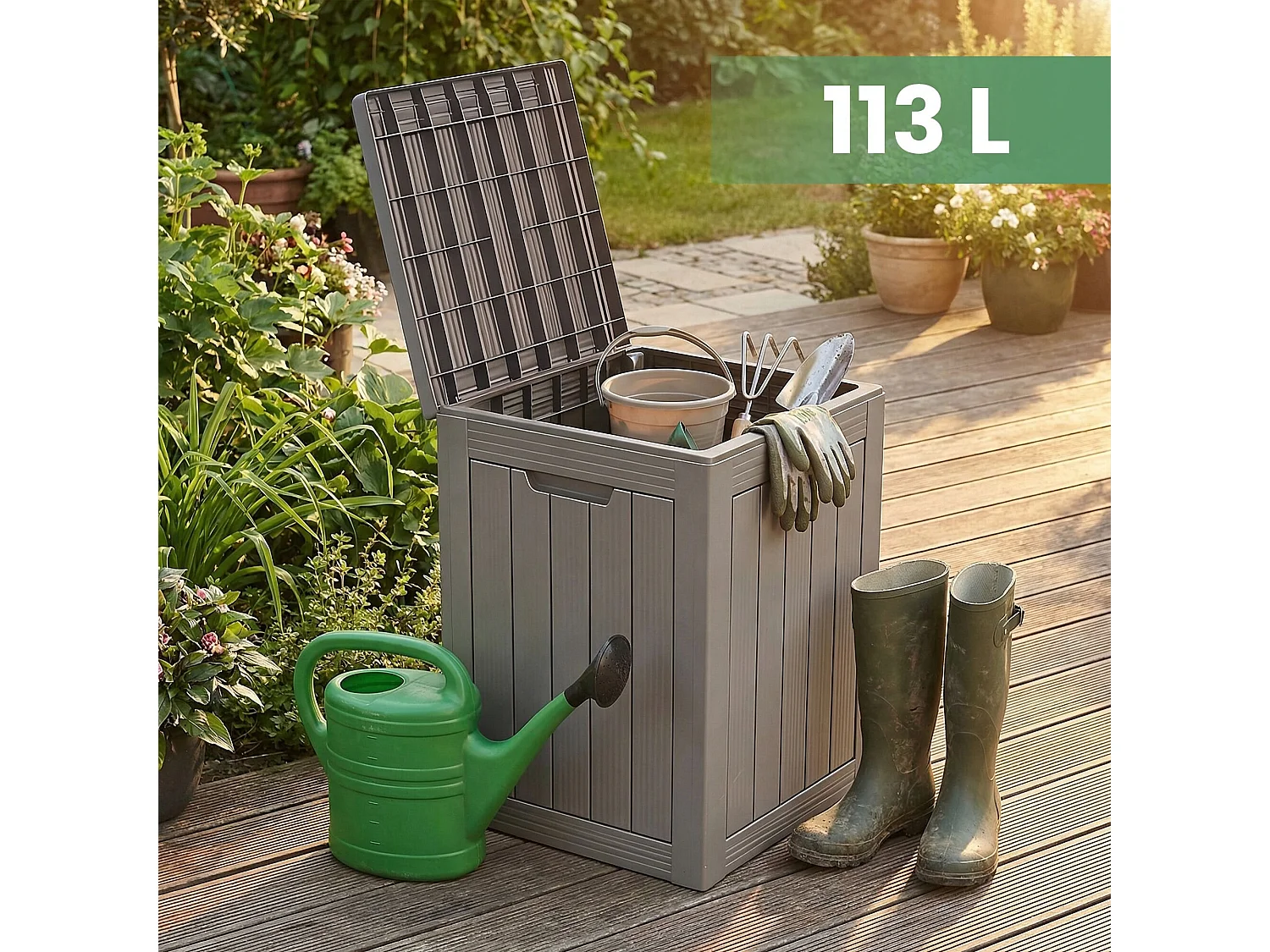 Baule da giardino impermeabile 113L contenitore esterno balcone terrazzo in plastica polipropilene grigio