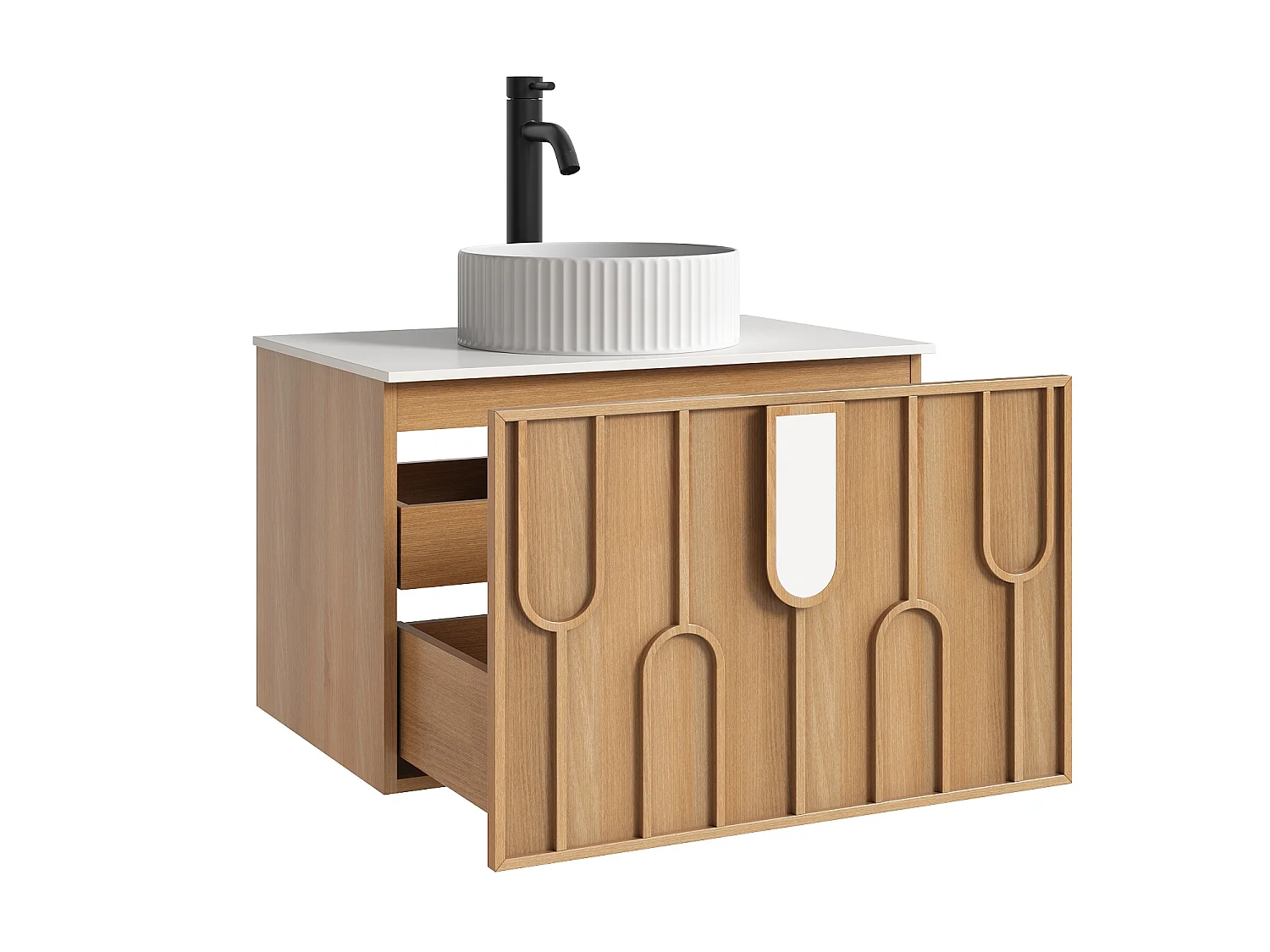 Meuble de salle de bain texturé suspendu avec vasque à poser ronde striée et robinet - Naturel clair - L75 cm - MERKAN