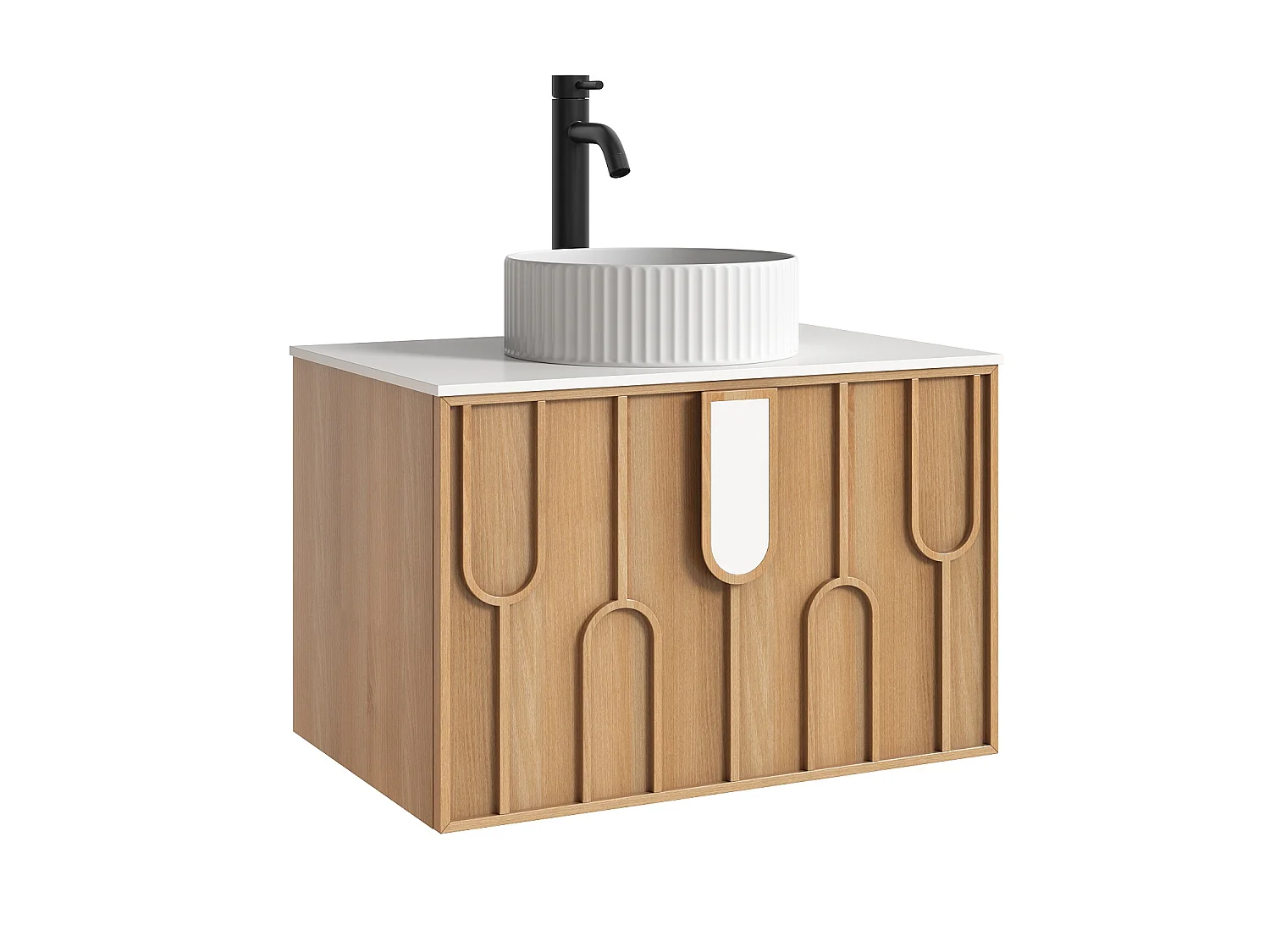 Meuble de salle de bain texturé suspendu avec vasque à poser ronde striée et robinet - Naturel clair - L75 cm - MERKAN