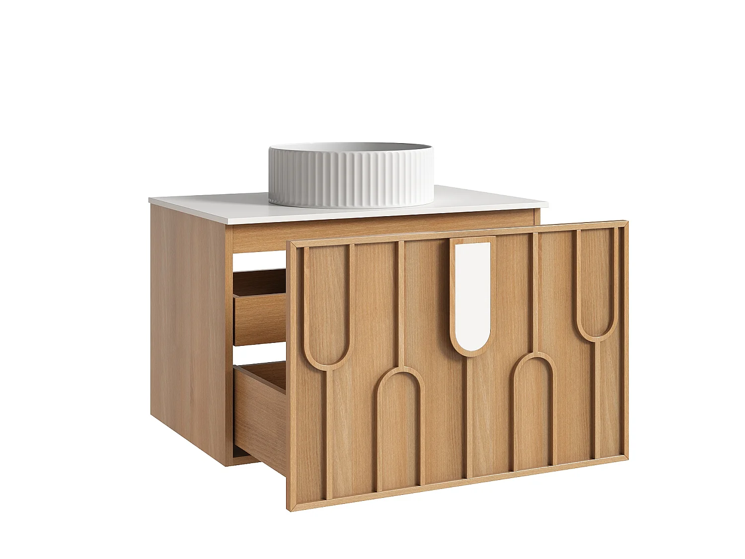 Meuble de salle de bain texturé suspendu avec vasque à poser ronde striée - Naturel clair - L75 cm - MERKAN