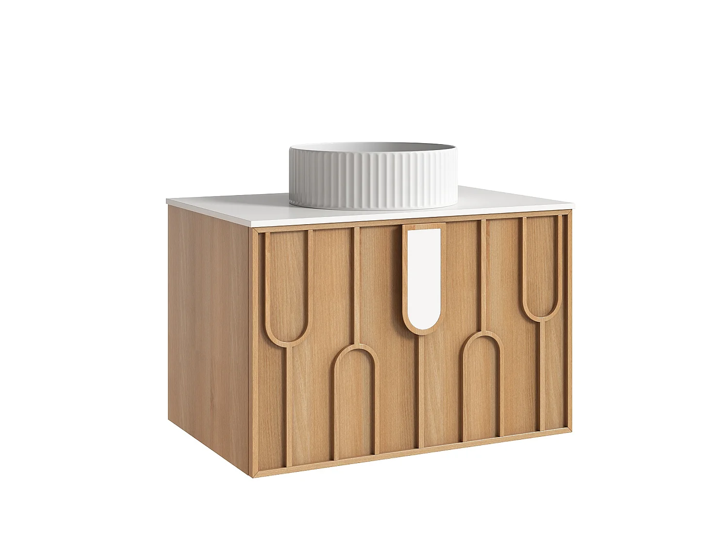 Meuble de salle de bain texturé suspendu avec vasque à poser ronde striée - Naturel clair - L75 cm - MERKAN