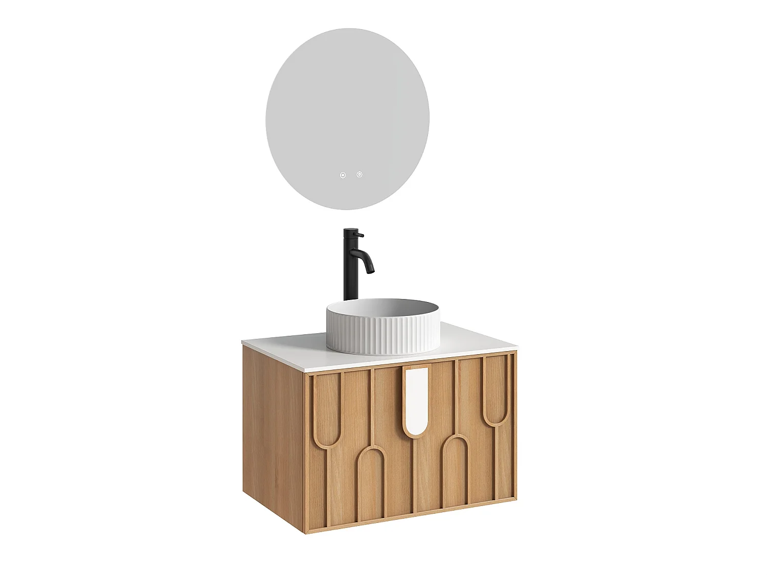 Meuble de salle de bain texturé suspendu avec vasque à poser ronde striée, robinet et miroir - Naturel clair - L75 cm - MERKAN