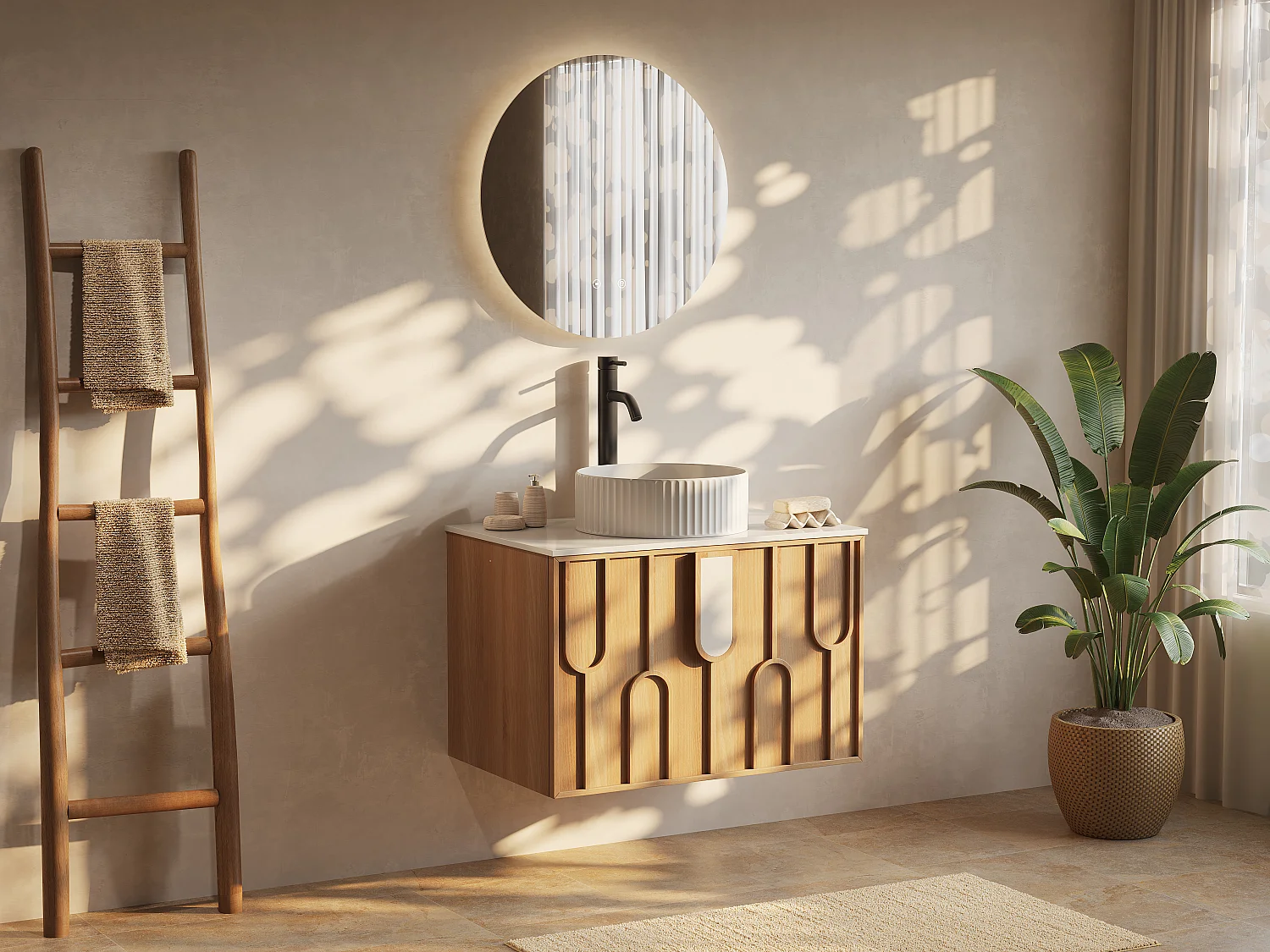 Meuble de salle de bain texturé suspendu avec vasque à poser ronde striée, robinet et miroir - Naturel clair - L75 cm - MERKAN