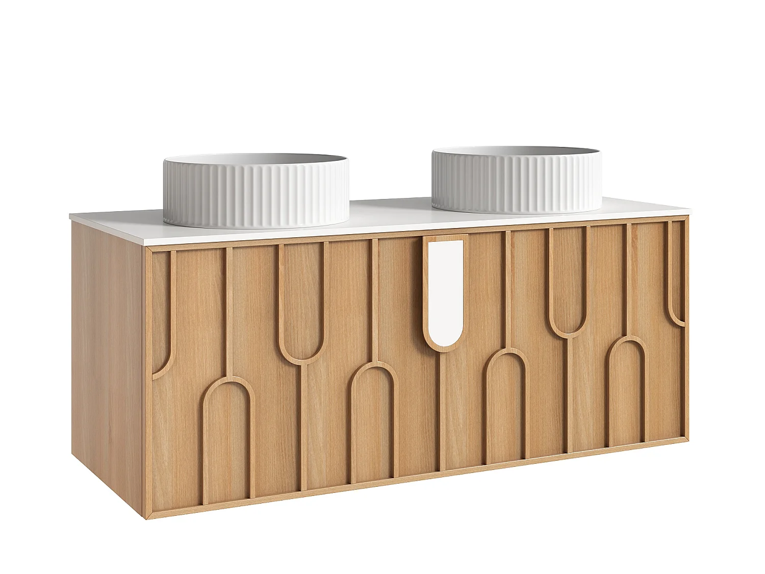 Meuble de salle de bain texturé suspendu avec double vasque à poser ronde striée - Naturel clair - L120 cm - MERKAN