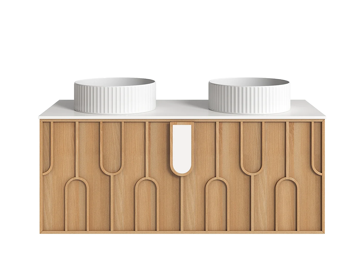 Meuble de salle de bain texturé suspendu avec double vasque à poser ronde striée - Naturel clair - L120 cm - MERKAN