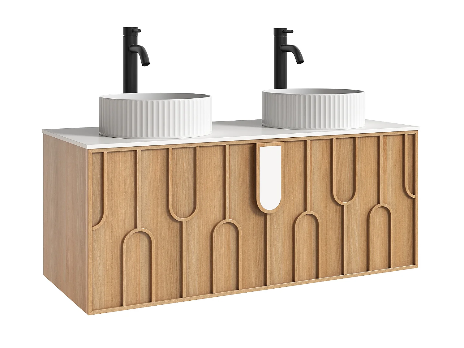 Meuble de salle de bain texturé suspendu avec double vasque à poser ronde striée et robinet - Naturel clair - L120 cm - MERKAN