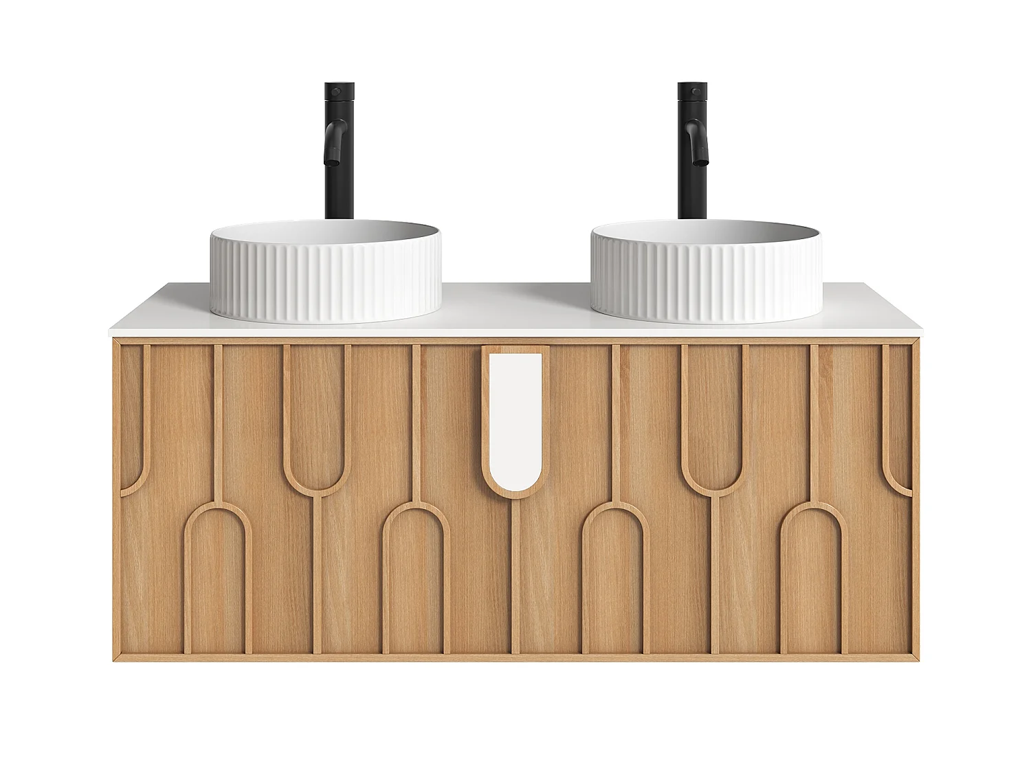 Meuble de salle de bain texturé suspendu avec double vasque à poser ronde striée, robinet et miroir - Naturel clair - L120 cm - MERKAN