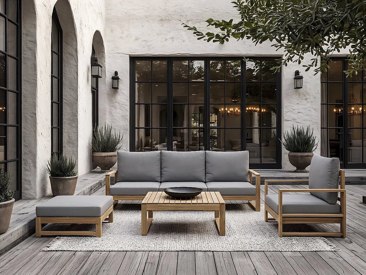 Salon de jardin en bois modulable avec coussins "Bellingham" - 5 places - Beige