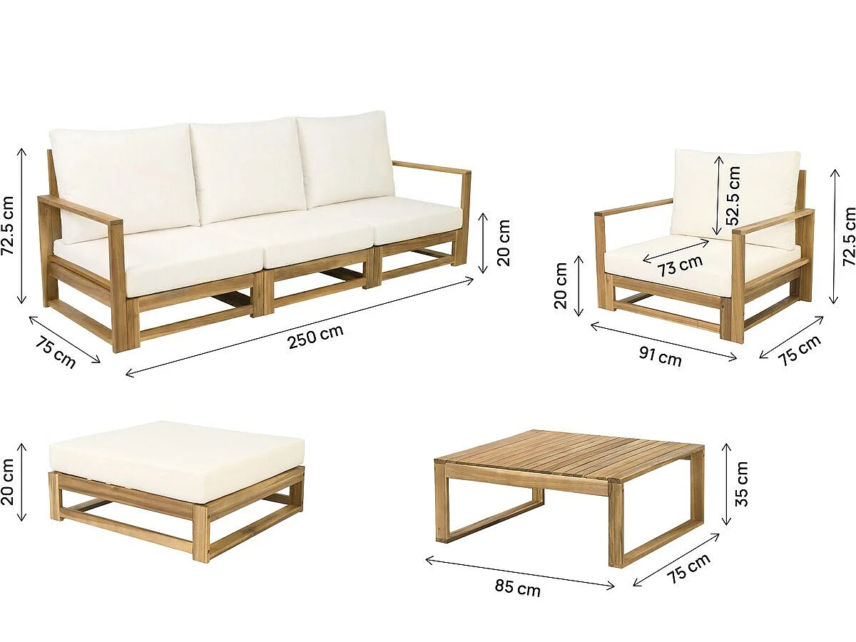 Salon de jardin en bois modulable avec coussins "Bellingham" - 5 places - Beige