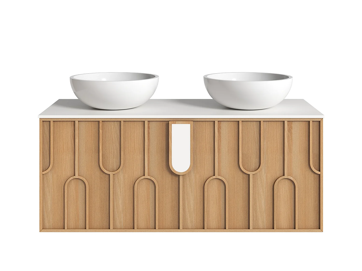 Meuble de salle de bain texturé suspendu avec double vasque à poser ronde en solid surface - Naturel clair - L120 cm - MERKAN