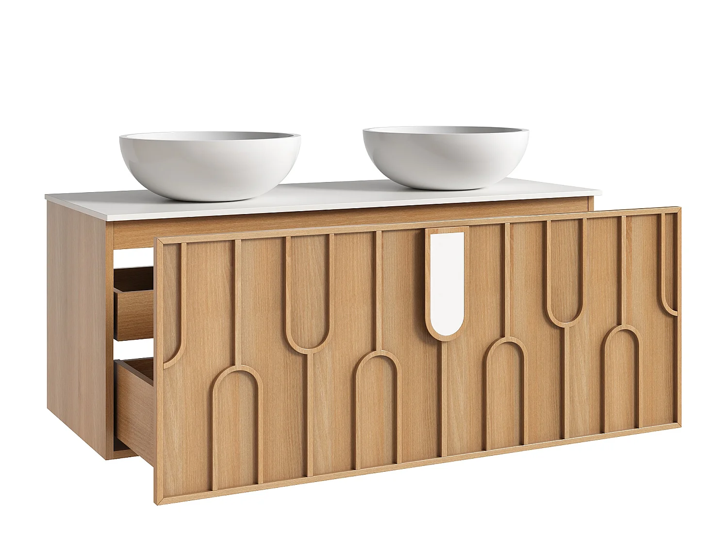 Meuble de salle de bain texturé suspendu avec double vasque à poser ronde en solid surface - Naturel clair - L120 cm - MERKAN