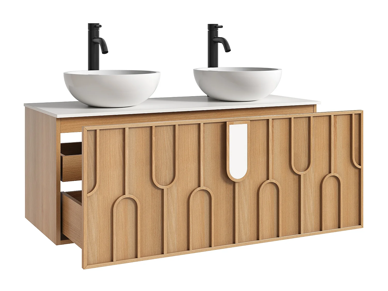 Meuble de salle de bain texturé suspendu avec double vasque à poser ronde en solid surface et robinet - Naturel clair - L120 cm - MERKAN