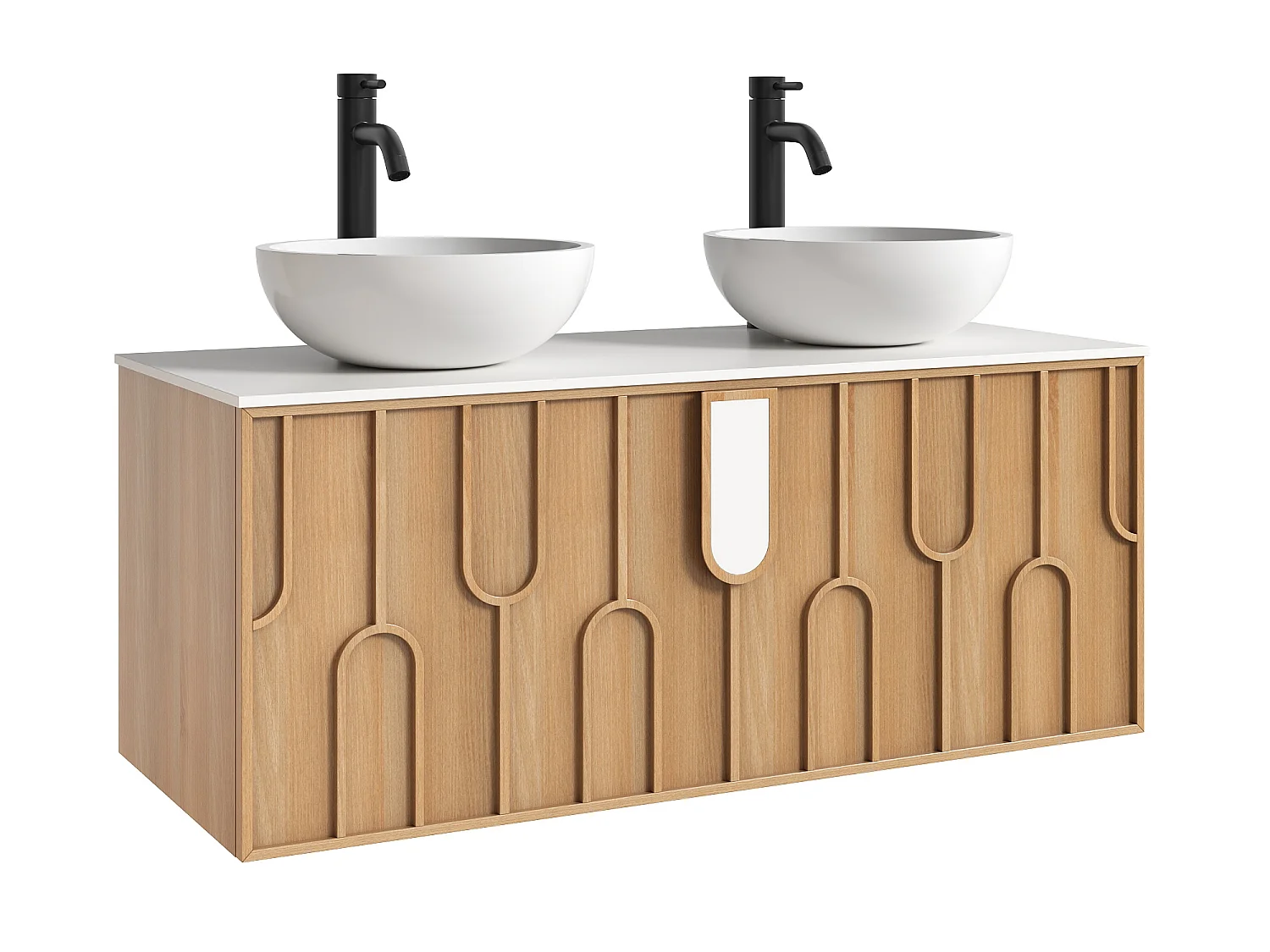 Meuble de salle de bain texturé suspendu avec double vasque à poser ronde en solid surface et robinet - Naturel clair - L120 cm - MERKAN