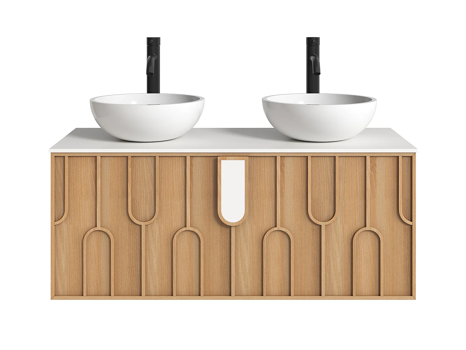 Meuble de salle de bain texturé suspendu avec double vasque à poser ronde en solid surface, robinet et miroir - Naturel clair - L120 cm - MERKAN