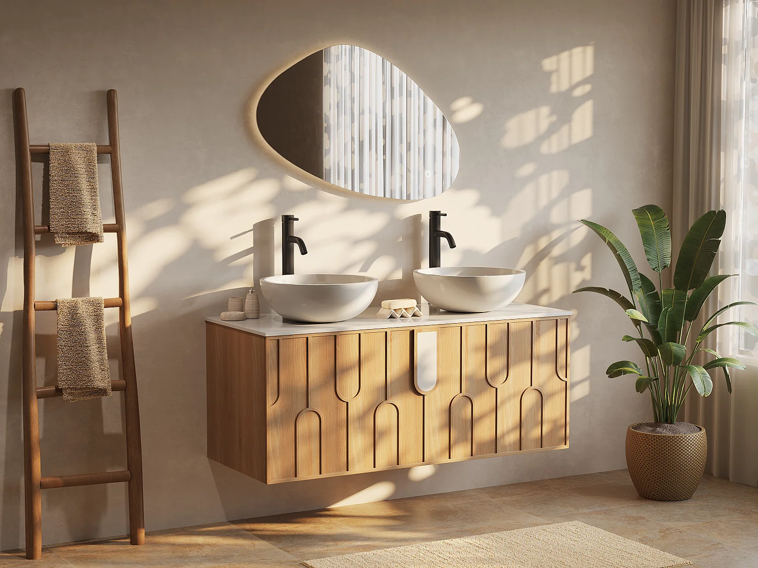 Meuble de salle de bain texturé suspendu avec double vasque à poser ronde en solid surface, robinet et miroir - Naturel clair - L120 cm - MERKAN