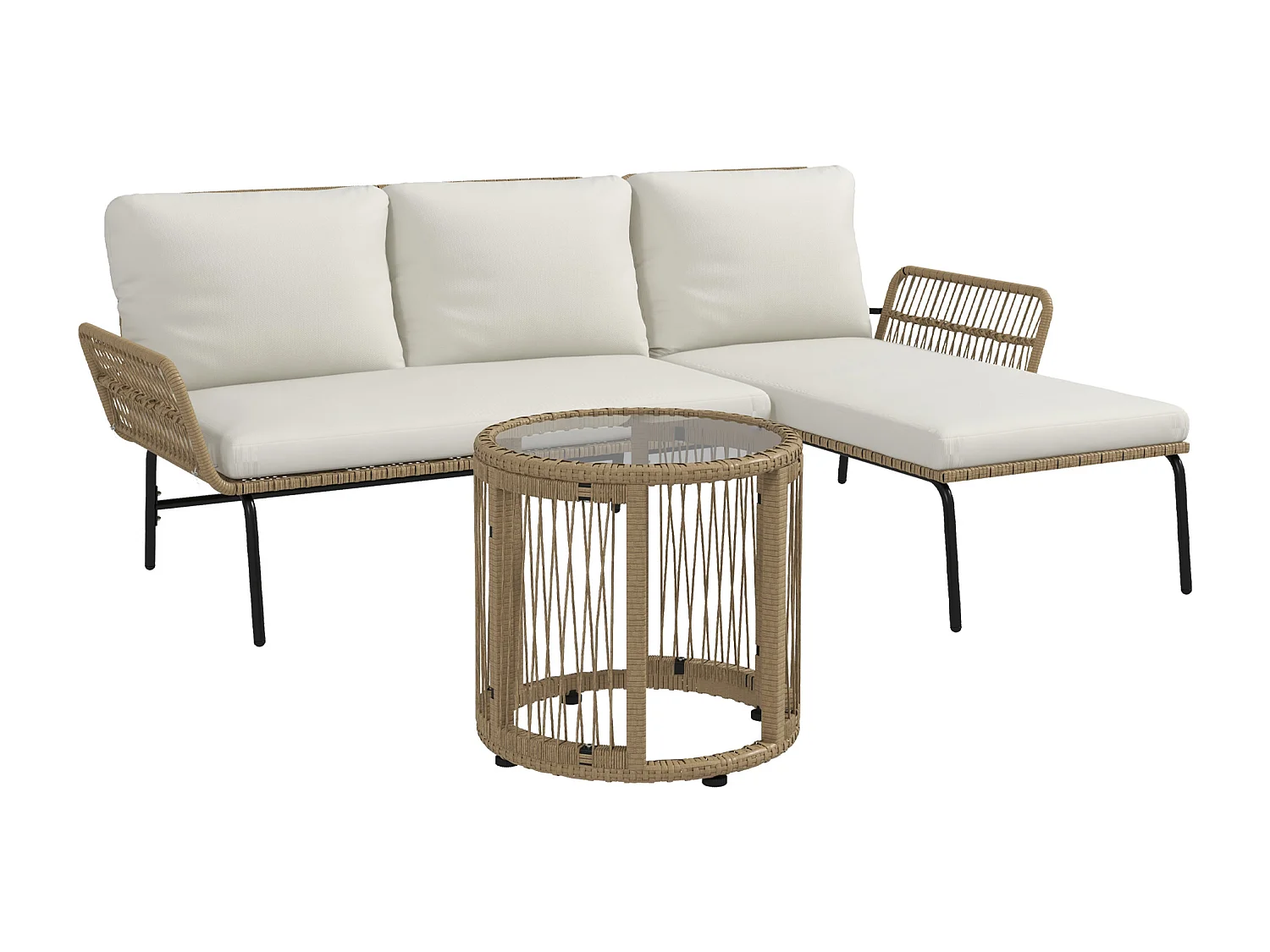 Set da giardino in rattan a 3 pezzi: 1 chaise longue, divano a 2 posti e tavolino con cuscini color crema, mobili da esterno per patio e balcone