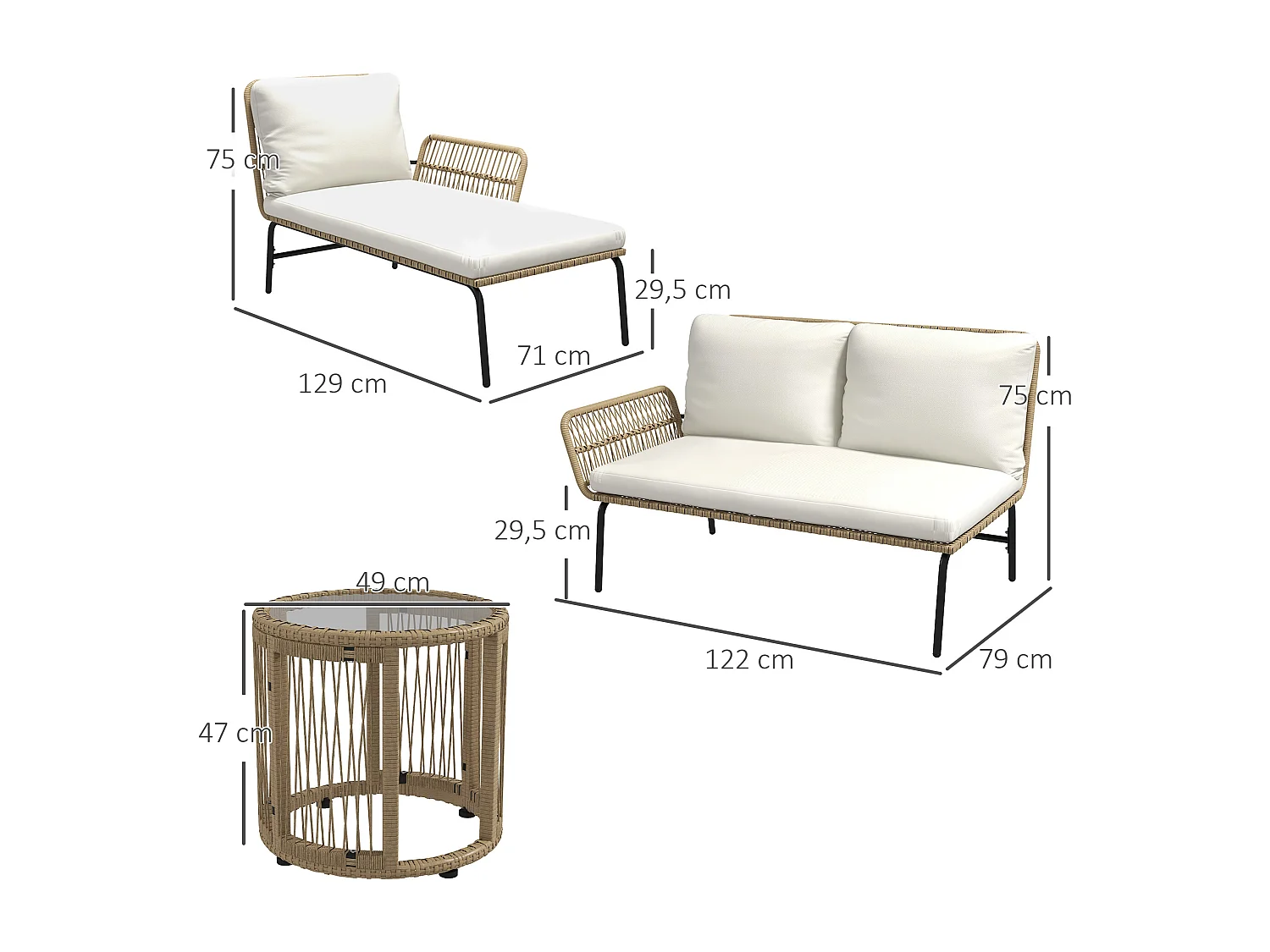 Set da giardino in rattan a 3 pezzi: 1 chaise longue, divano a 2 posti e tavolino con cuscini color crema, mobili da esterno per patio e balcone