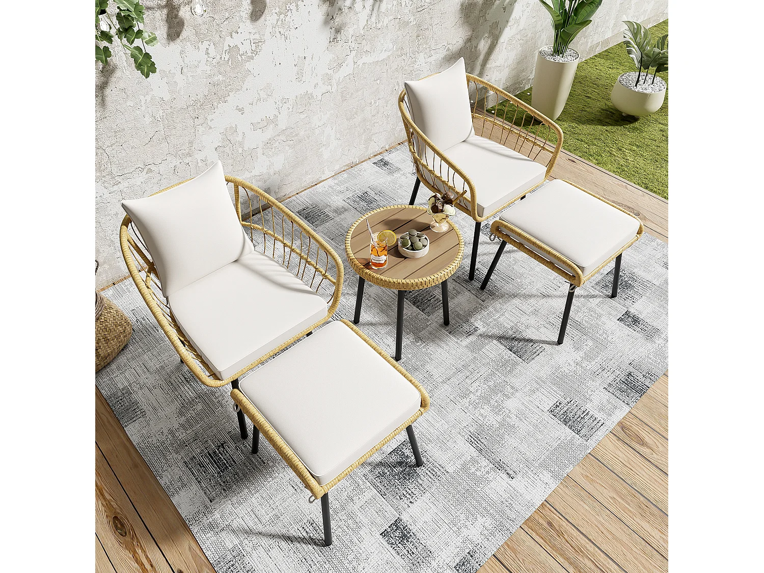 5-teiliges Gartenmöbel-Set aus Rattan – Tisch, 2 Stühle und 2 Hocker, elegante und langlebige Gartenmöbel für Terrasse und Balkon