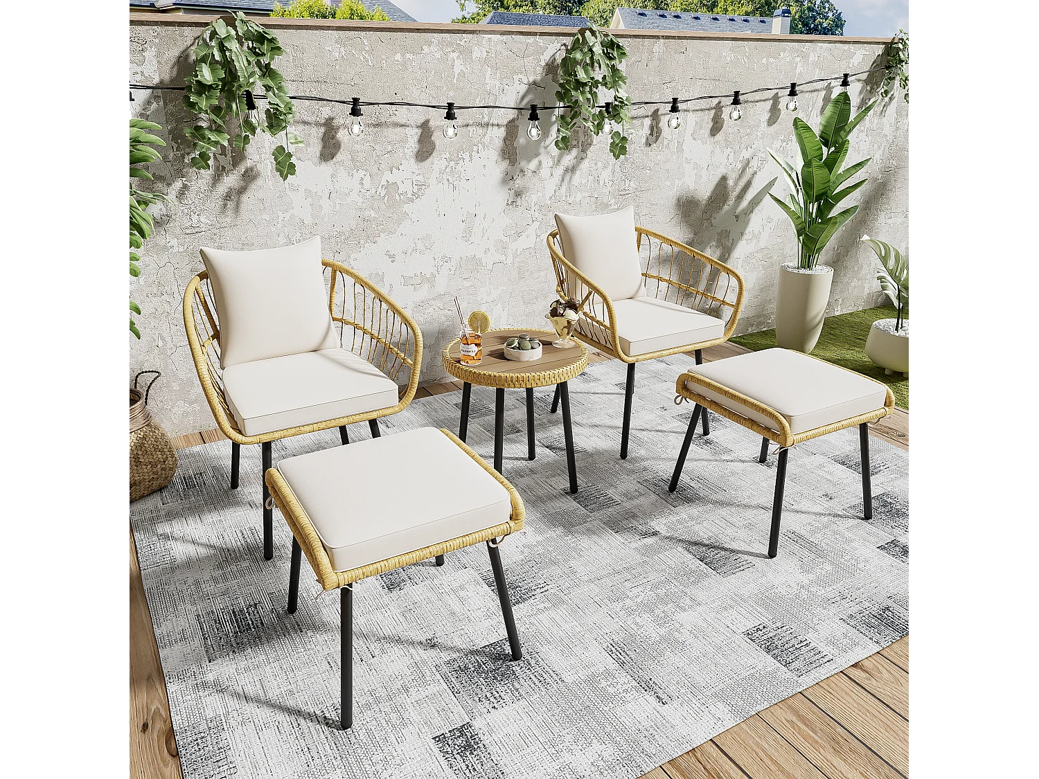 5-teiliges Gartenmöbel-Set aus Rattan – Tisch, 2 Stühle und 2 Hocker, elegante und langlebige Gartenmöbel für Terrasse und Balkon