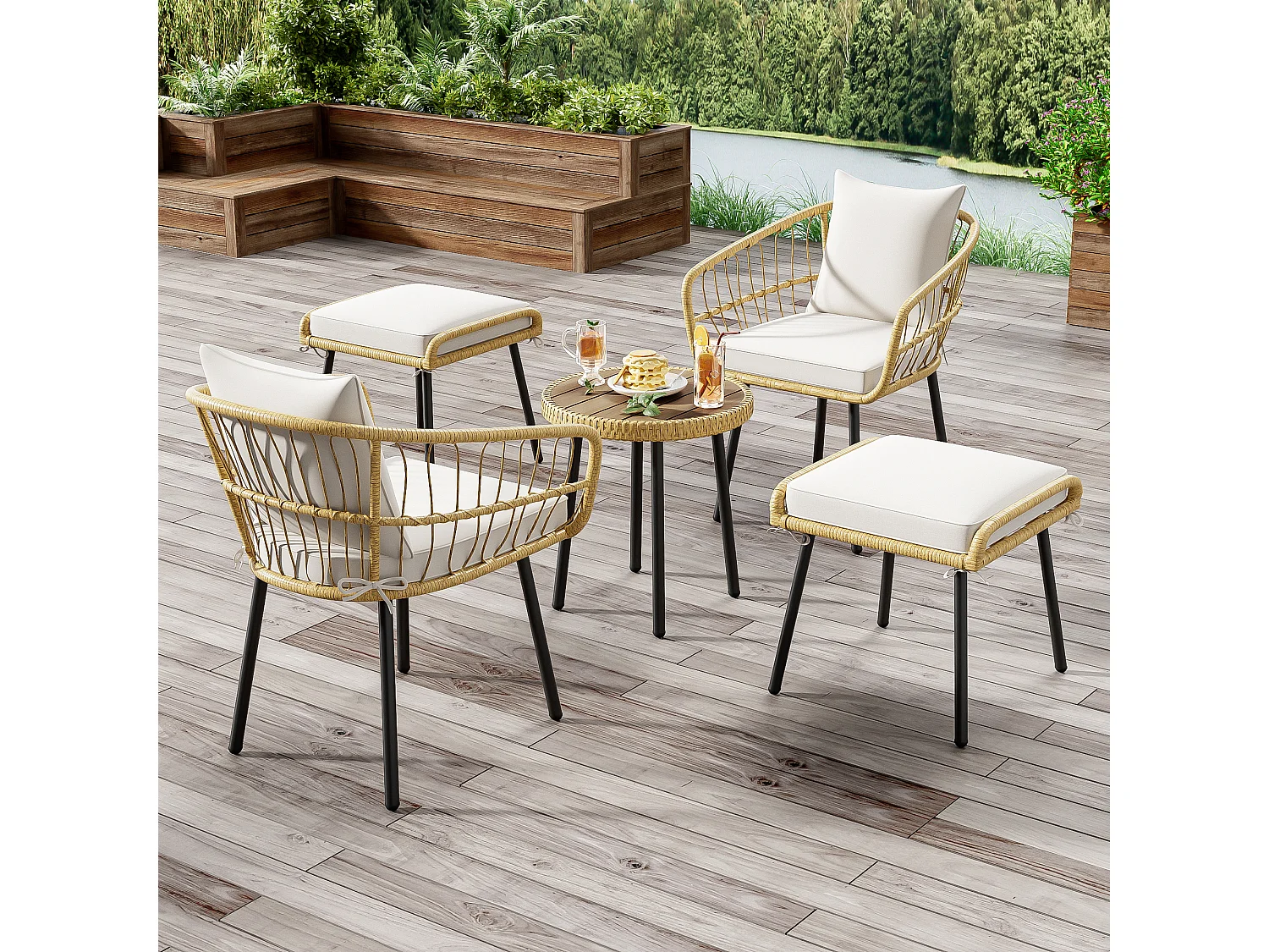 5-teiliges Gartenmöbel-Set aus Rattan – Tisch, 2 Stühle und 2 Hocker, elegante und langlebige Gartenmöbel für Terrasse und Balkon