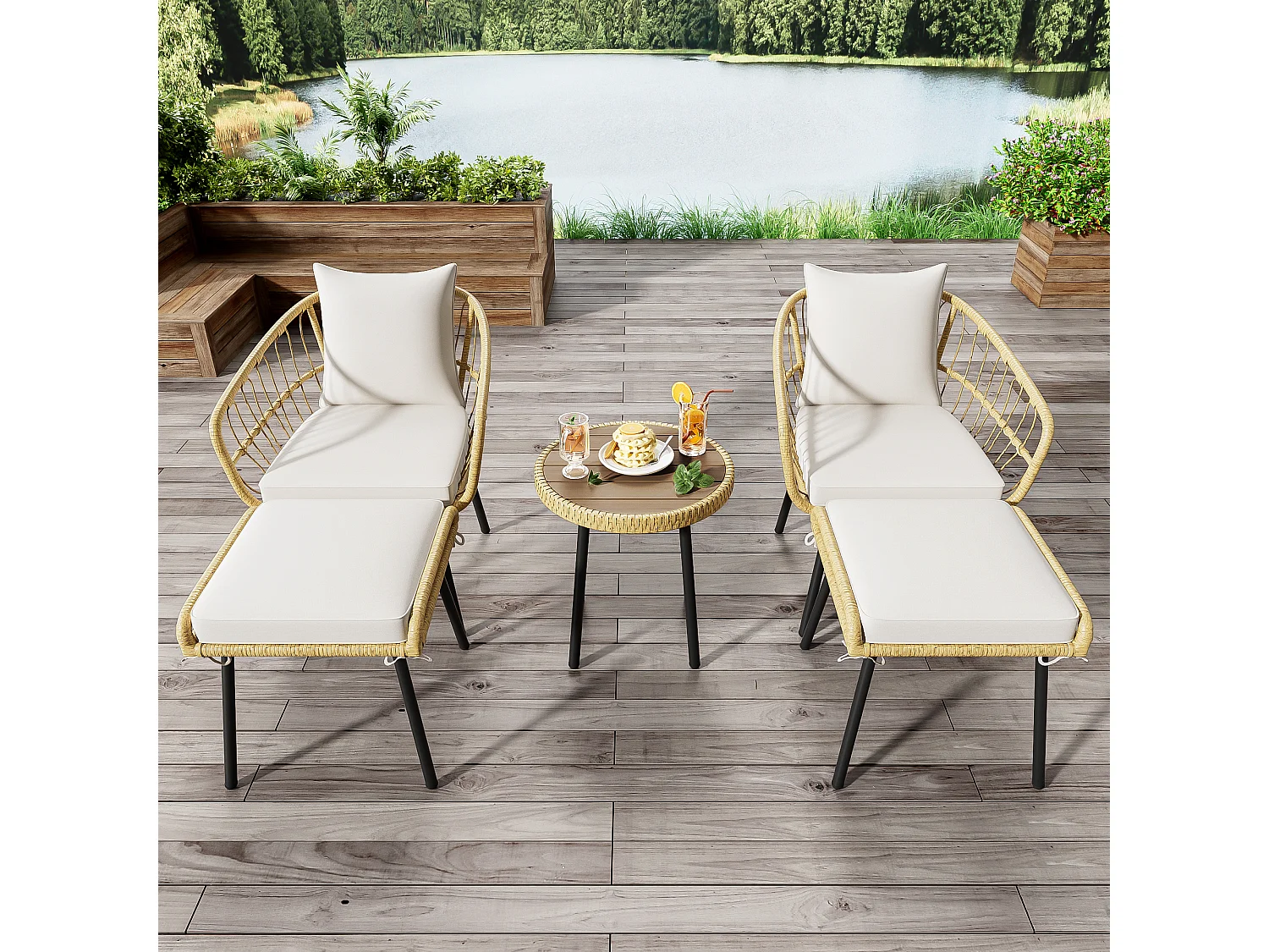 5-teiliges Gartenmöbel-Set aus Rattan – Tisch, 2 Stühle und 2 Hocker, elegante und langlebige Gartenmöbel für Terrasse und Balkon