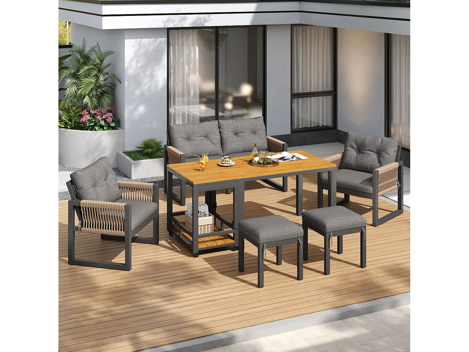 Set da giardino a 6 pezzi: divano a 2 posti, 2 poltrone, 2 sgabelli e tavolo removibile, struttura in ferro, comodi cuscini, braccioli intrecciati