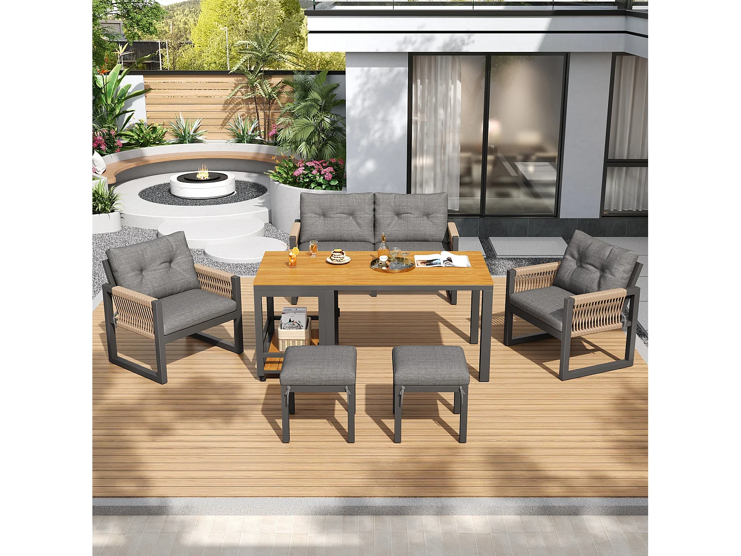Set da giardino a 6 pezzi: divano a 2 posti, 2 poltrone, 2 sgabelli e tavolo removibile, struttura in ferro, comodi cuscini, braccioli intrecciati