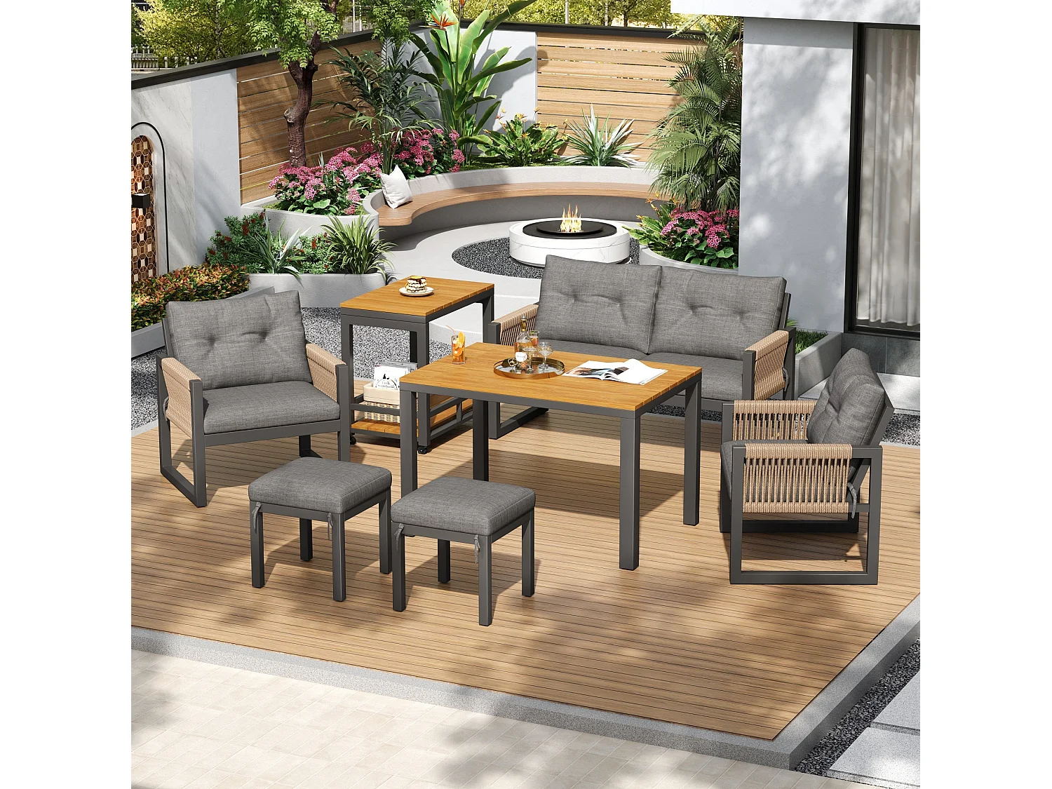 Set da giardino a 6 pezzi: divano a 2 posti, 2 poltrone, 2 sgabelli e tavolo removibile, struttura in ferro, comodi cuscini, braccioli intrecciati
