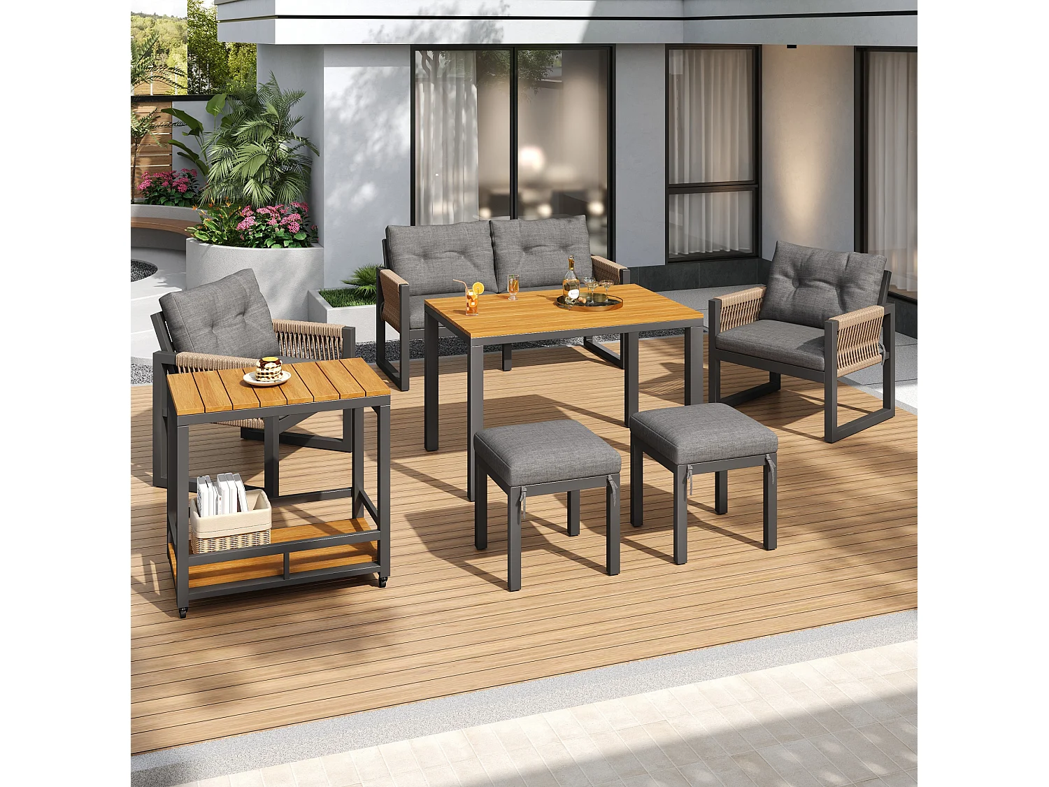 Set da giardino a 6 pezzi: divano a 2 posti, 2 poltrone, 2 sgabelli e tavolo removibile, struttura in ferro, comodi cuscini, braccioli intrecciati
