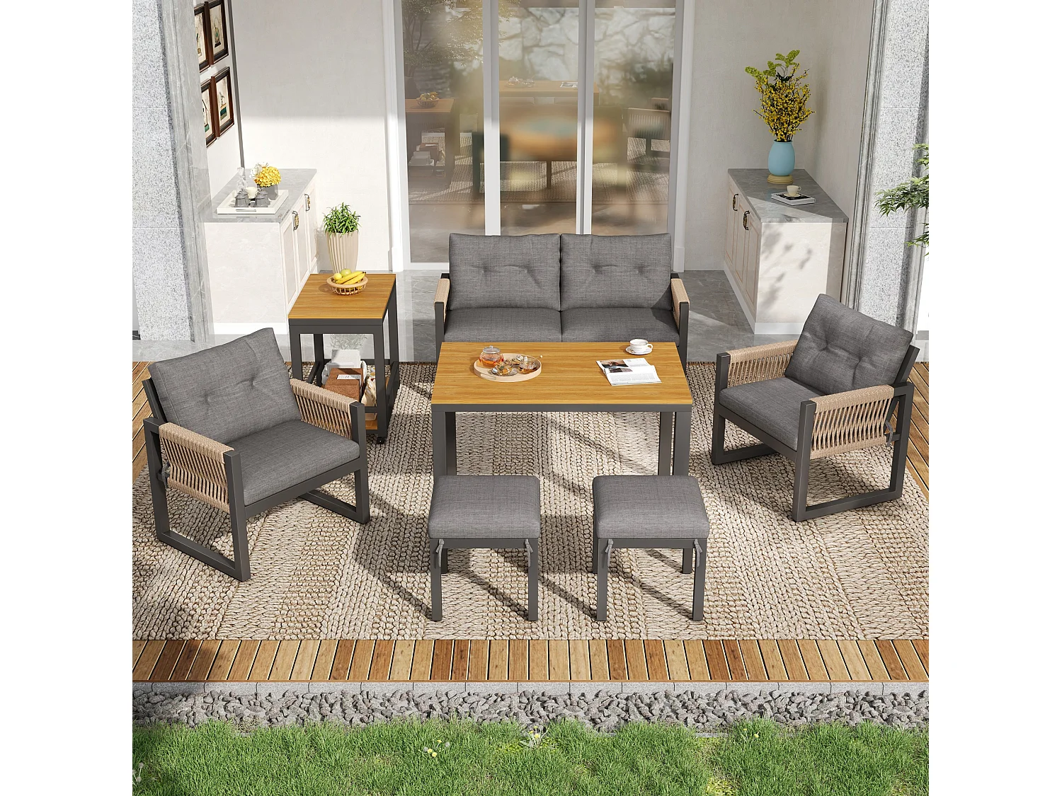 Set da giardino a 6 pezzi: divano a 2 posti, 2 poltrone, 2 sgabelli e tavolo removibile, struttura in ferro, comodi cuscini, braccioli intrecciati