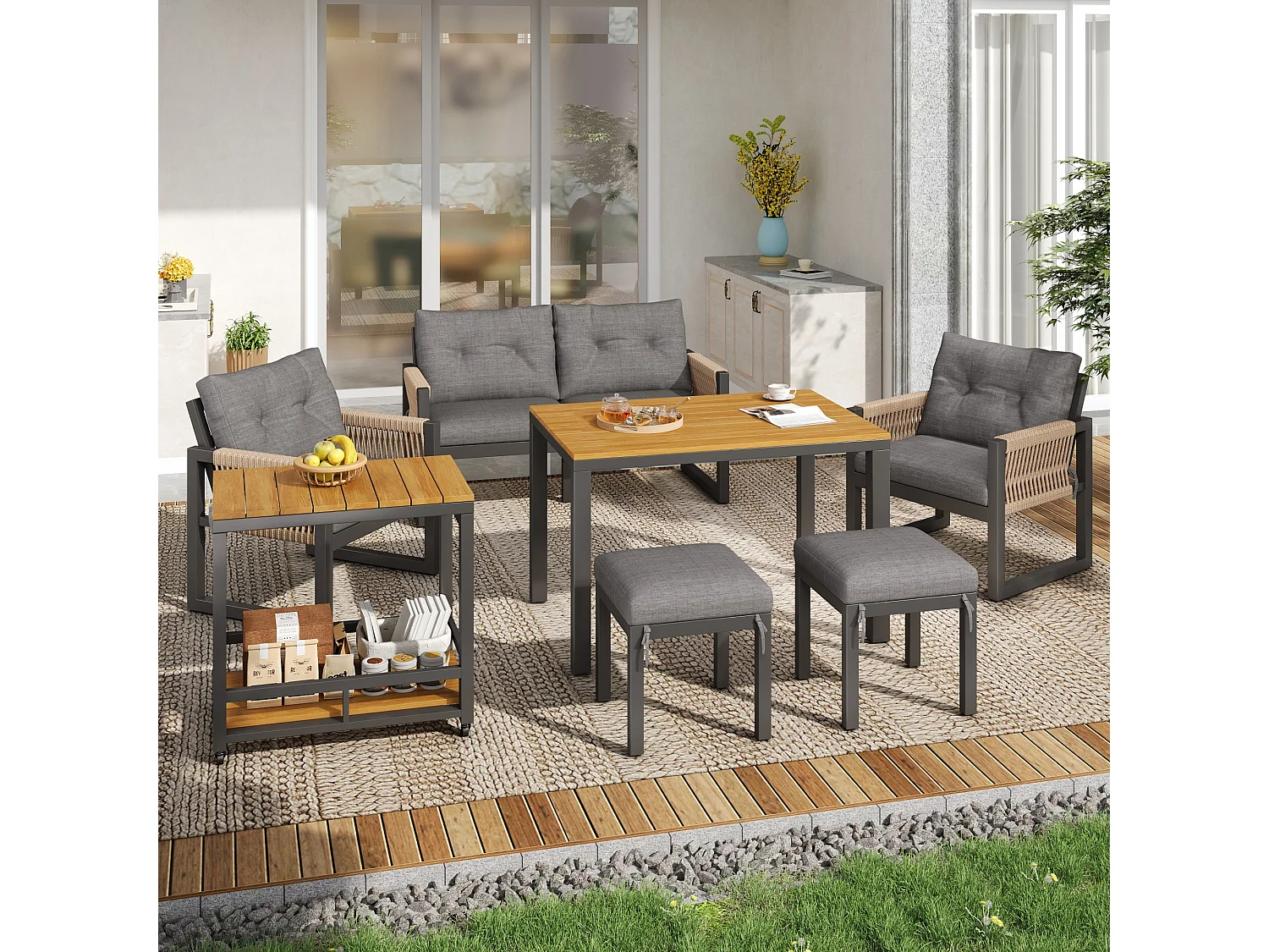 Set da giardino a 6 pezzi: divano a 2 posti, 2 poltrone, 2 sgabelli e tavolo removibile, struttura in ferro, comodi cuscini, braccioli intrecciati