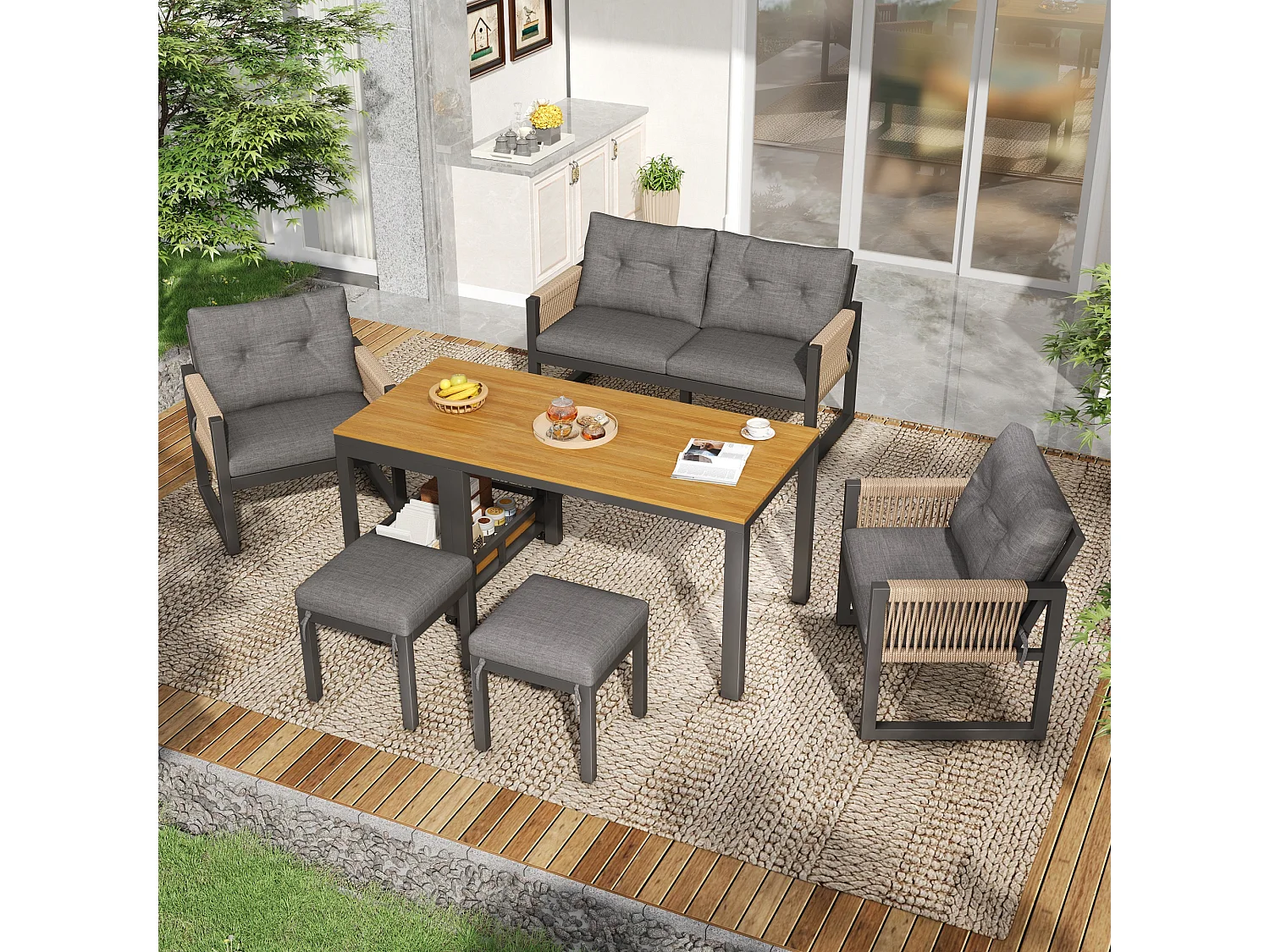 Set da giardino a 6 pezzi: divano a 2 posti, 2 poltrone, 2 sgabelli e tavolo removibile, struttura in ferro, comodi cuscini, braccioli intrecciati