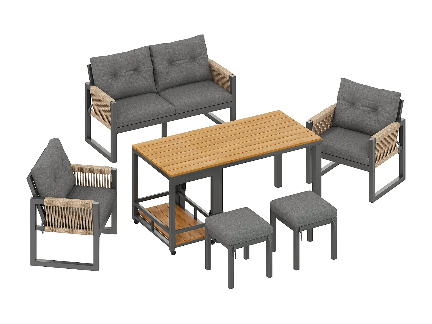 Set da giardino a 6 pezzi: divano a 2 posti, 2 poltrone, 2 sgabelli e tavolo removibile, struttura in ferro, comodi cuscini, braccioli intrecciati