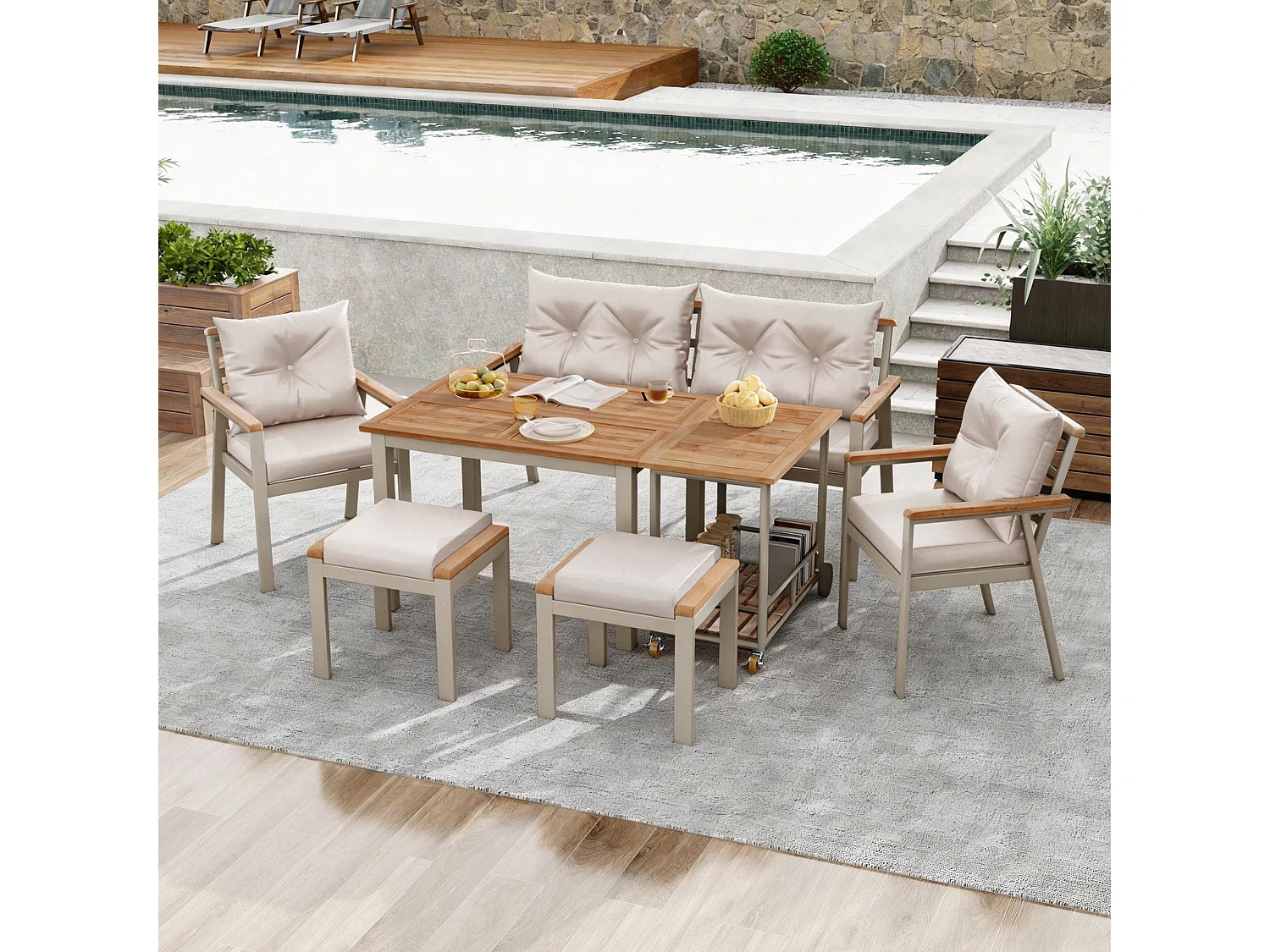 6-delige acaciahouten tuineetset – Tafel, stoelen en fauteuils met afneembare kussens, afneembare serveerwagen, duurzaam buitenmeubilair